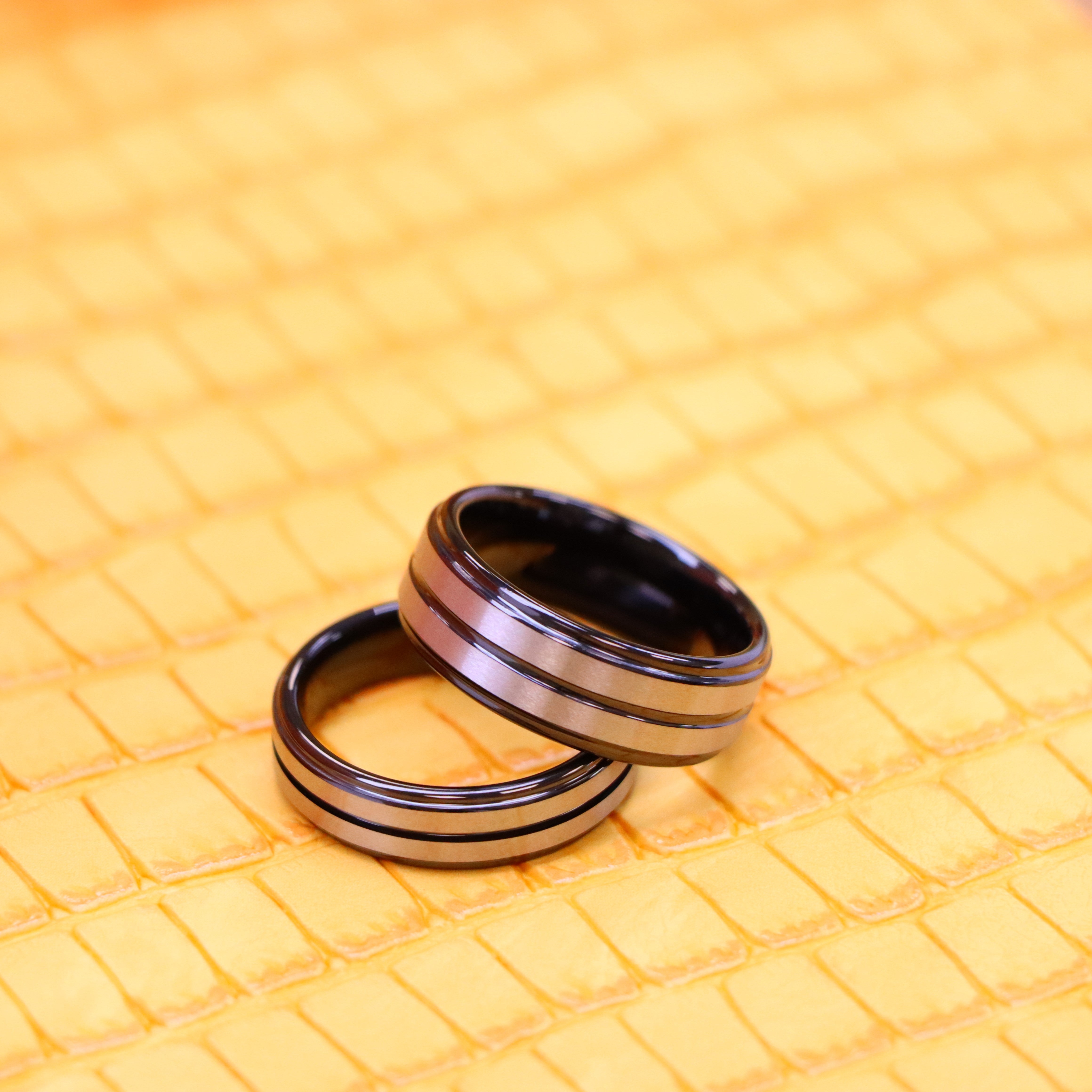 Two-Tone Black IP Plated Center Grooved Brushed Finish Stepped Edge Tungsten Ring - Labhu USA