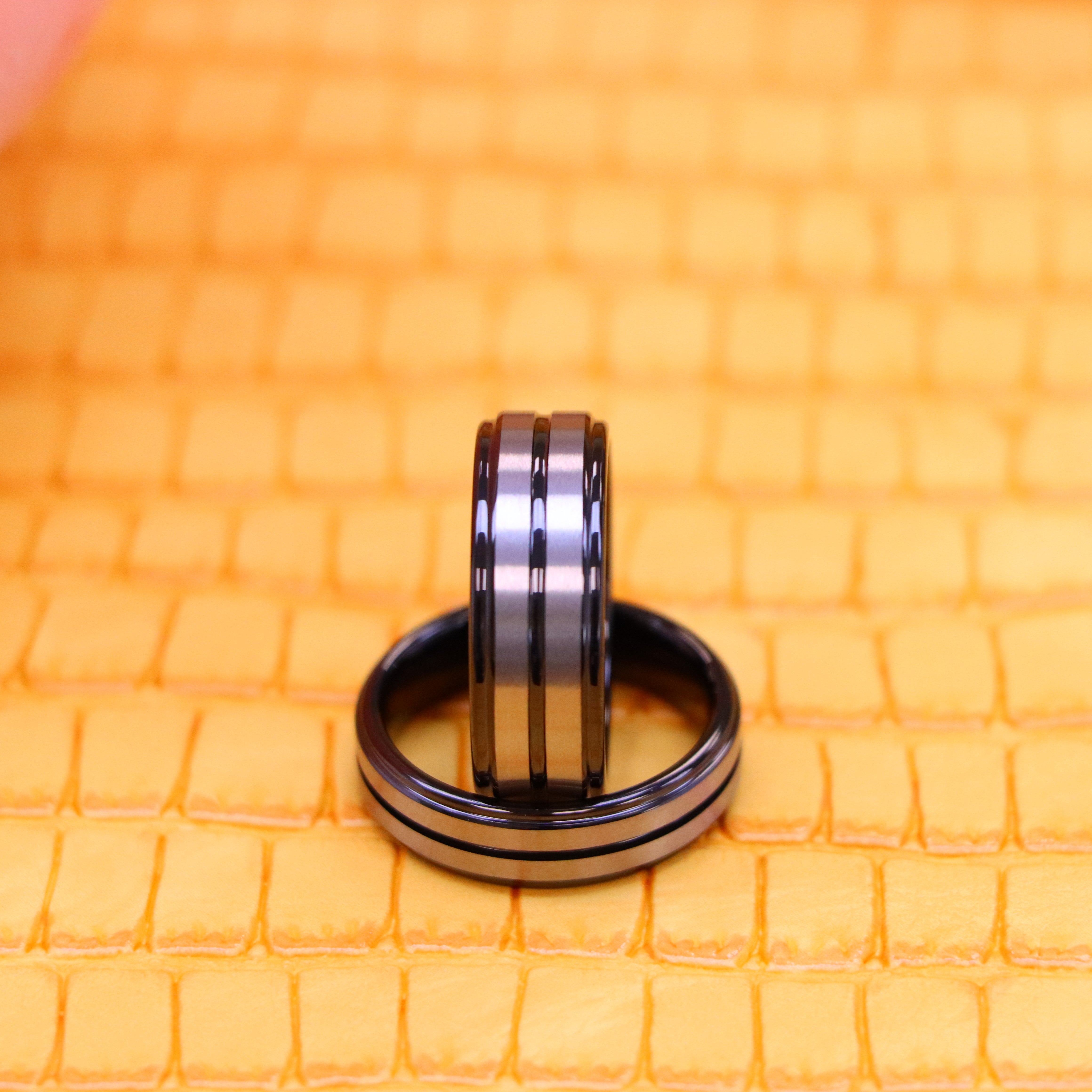 Two-Tone Black IP Plated Center Grooved Brushed Finish Stepped Edge Tungsten Ring - Labhu USA