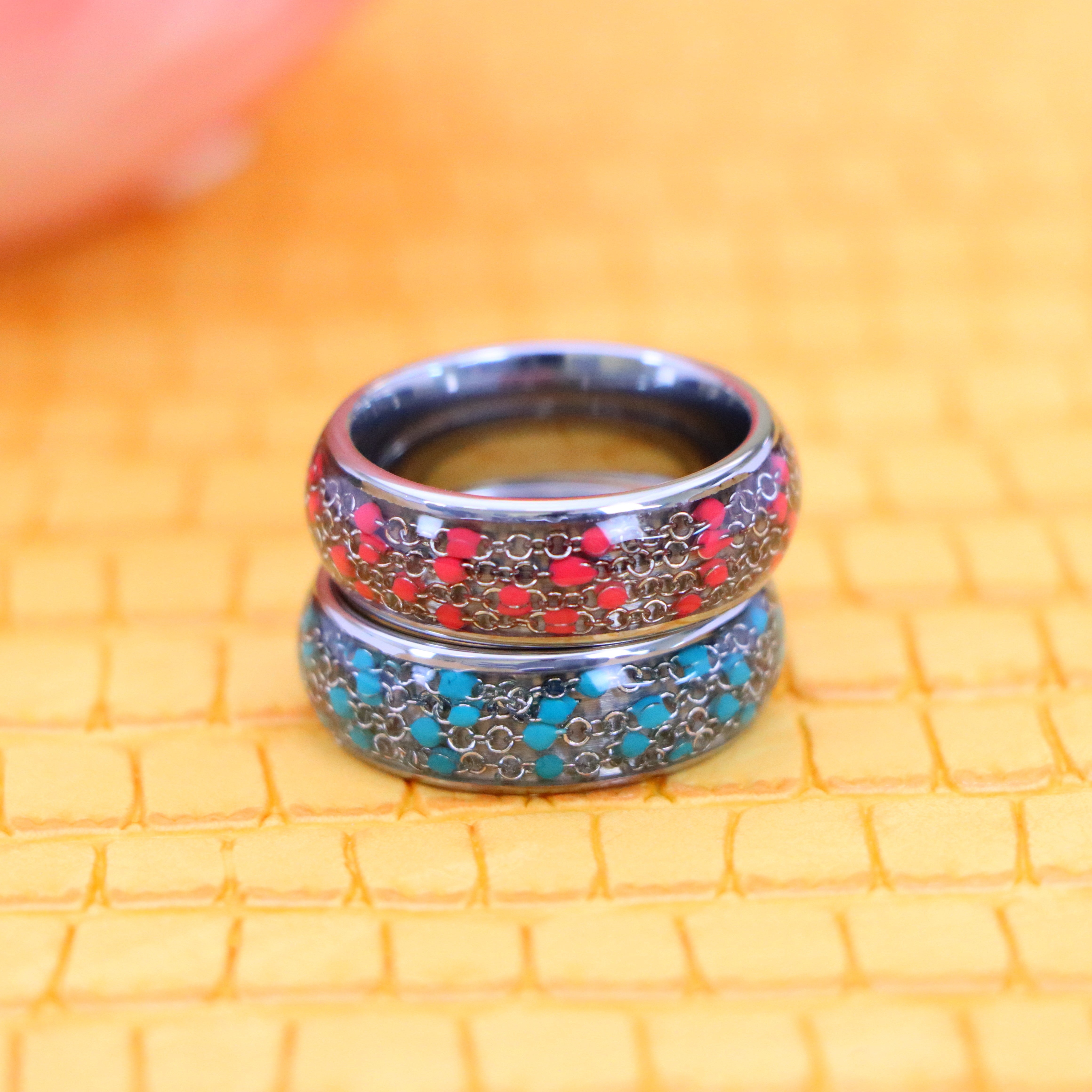 8mm Dome Ring Cable Chain & Blue/Red Bead Inlay Tungsten Ring - Men's Tungsten Jewelry Labhu USA