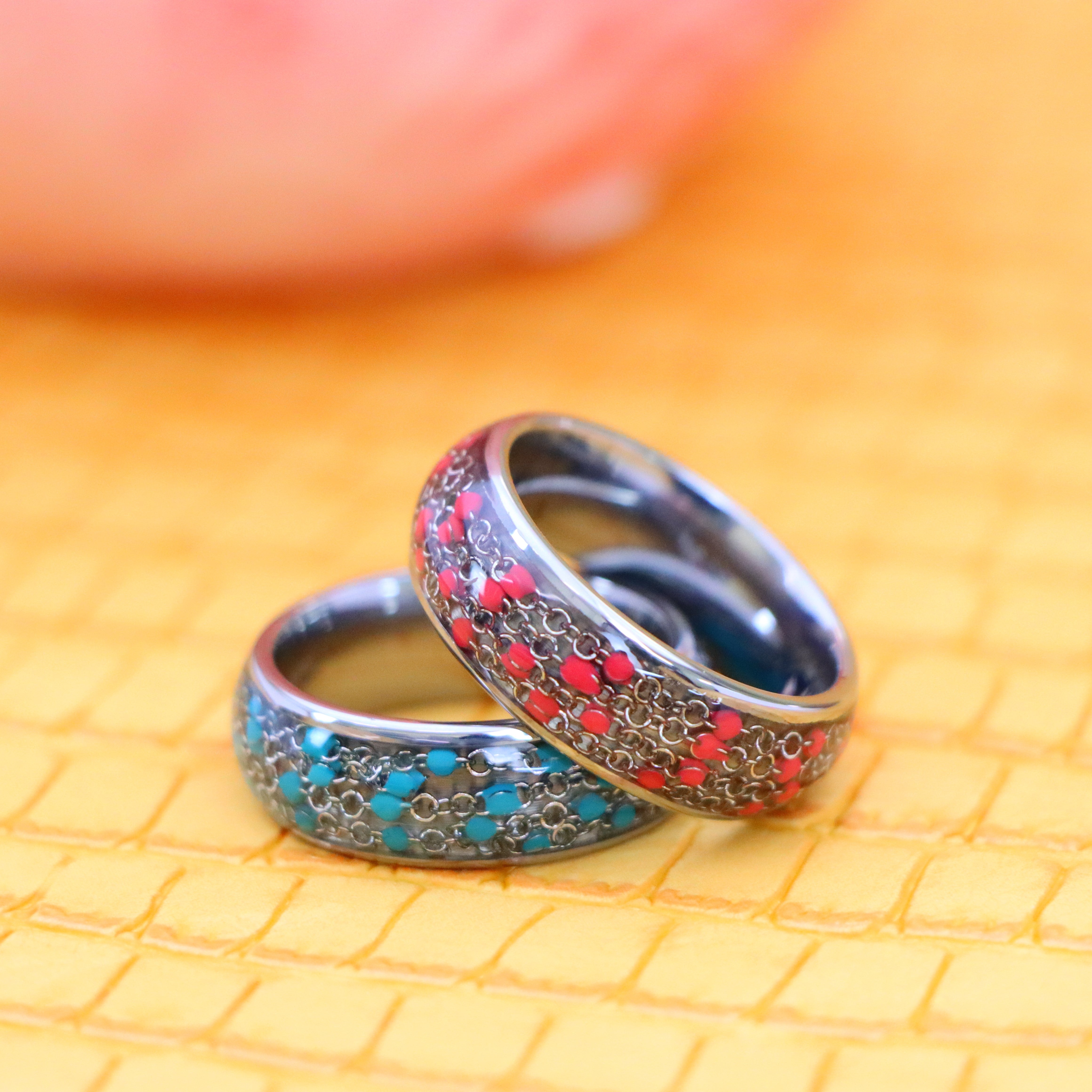 8mm Dome Ring Cable Chain & Blue/Red Bead Inlay Tungsten Ring - Men's Tungsten Jewelry Labhu USA