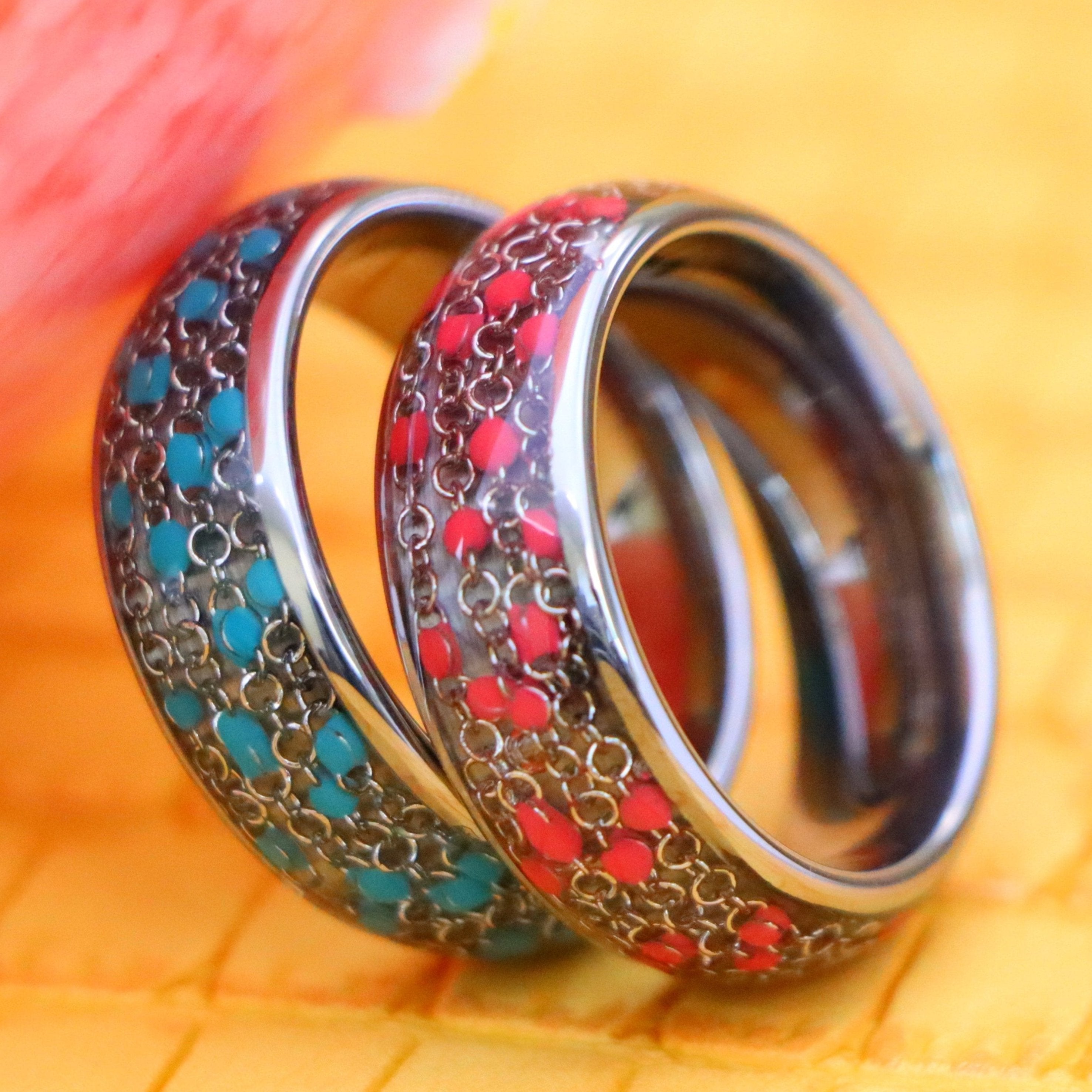 8mm Dome Ring Cable Chain & Blue/Red Bead Inlay Tungsten Ring - Men's Tungsten Jewelry Labhu USA