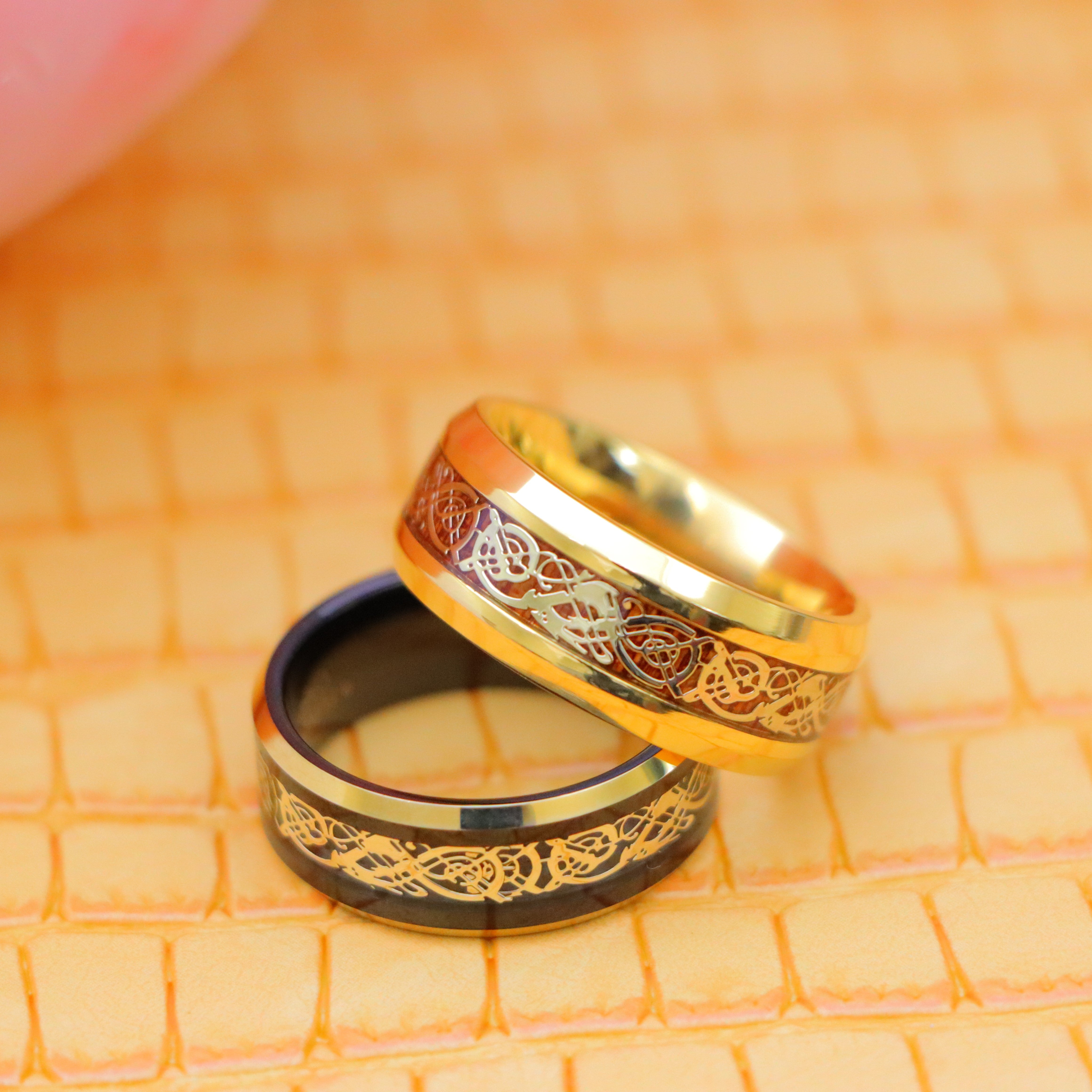 Yellow Gold IP Plated Titanium Ring with Yellow Gold IP Celtic Design Over Rosewood Inlay, Black & Yellow Gold IP Plated Celtic Inlay Tungsten Ring - Labhu USA