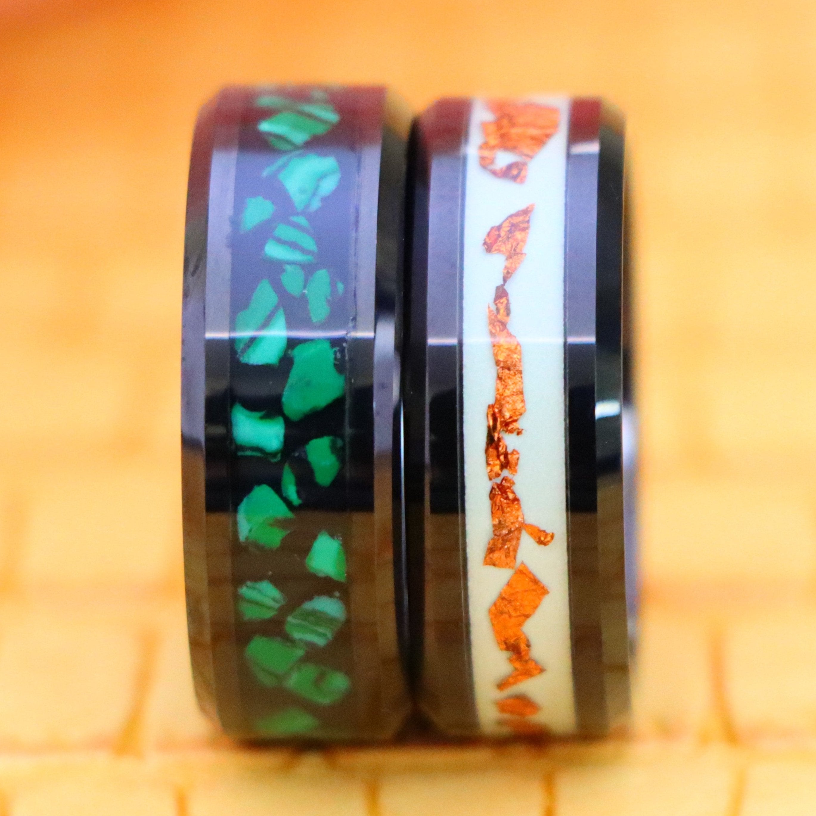 8mm Black IP Plated Malachite Fragments tungsten ring for change oriented mens and 8mm Black IP Plated Scraps Inlay on Luminous Film Tungsten Ring from Men's Fashion Jewelry - clear front view