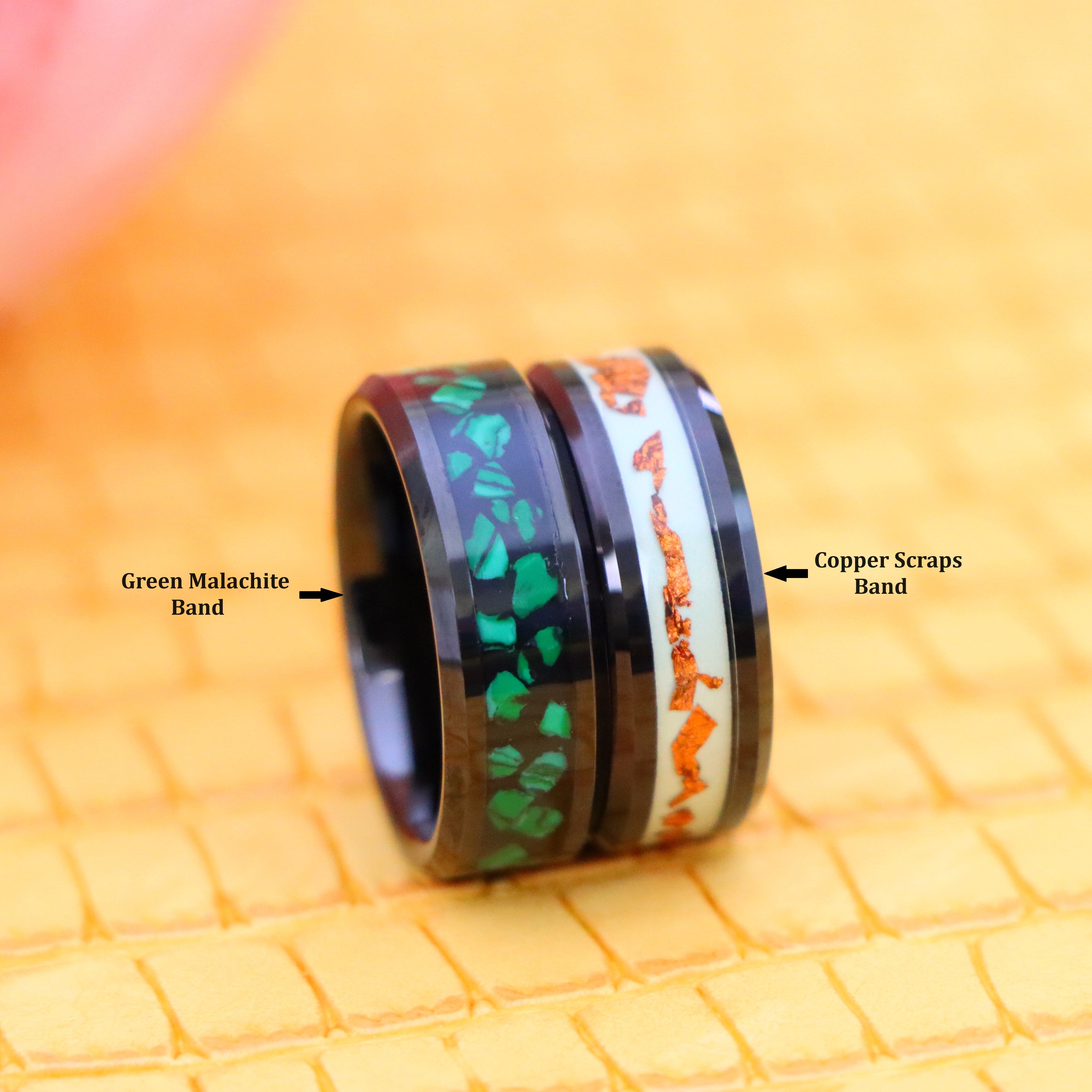 8mm Black IP Plated Malachite Fragments tungsten ring for change oriented mens and 8mm Black IP Plated Scraps Inlay on Luminous Film Tungsten Ring from Men's Fashion Jewelry - clear front view with tags