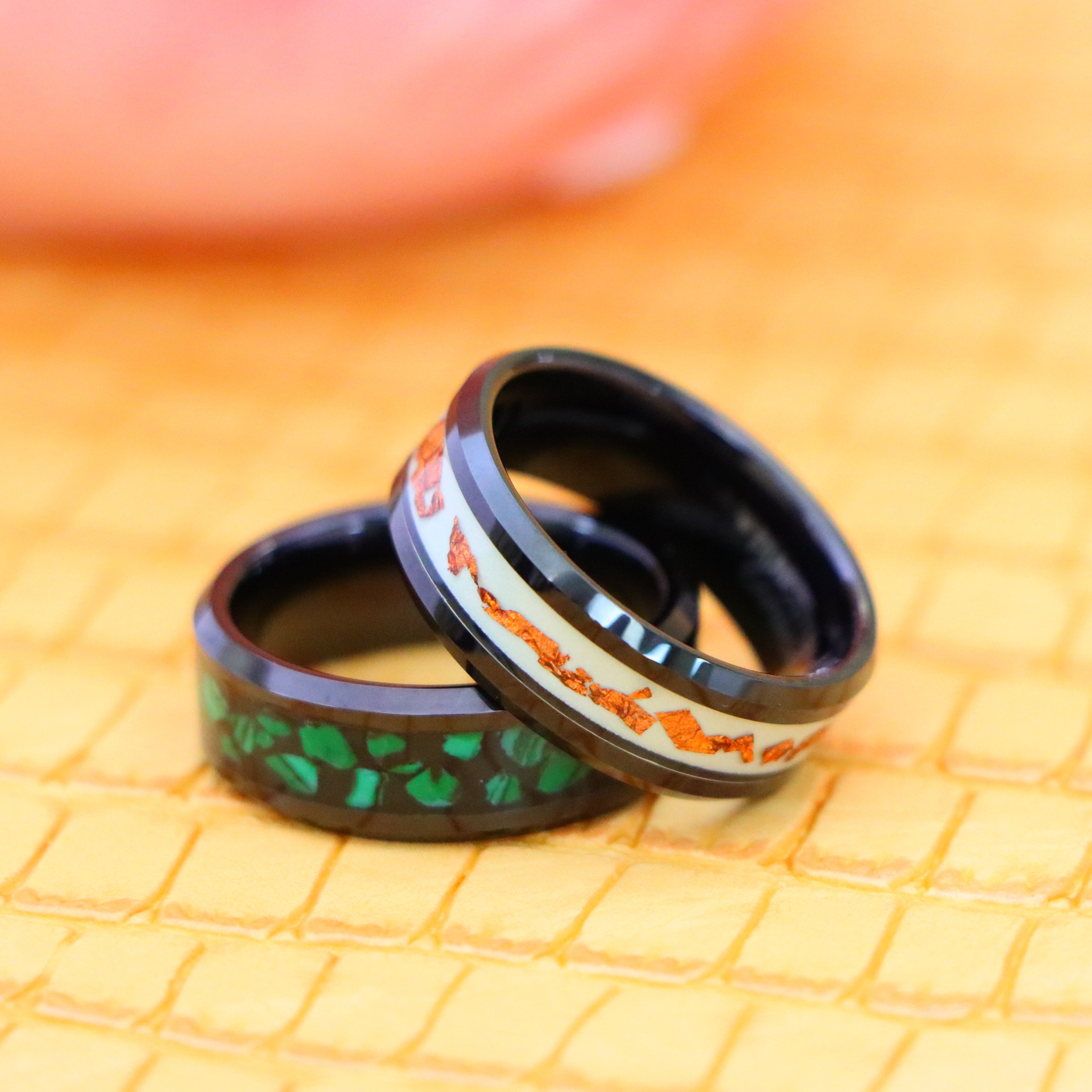 8mm Black IP Plated Malachite Fragments tungsten ring for change oriented mens and 8mm Black IP Plated Scraps Inlay on Luminous Film Tungsten Ring from Men's Fashion Jewelry - one on one spreaded view