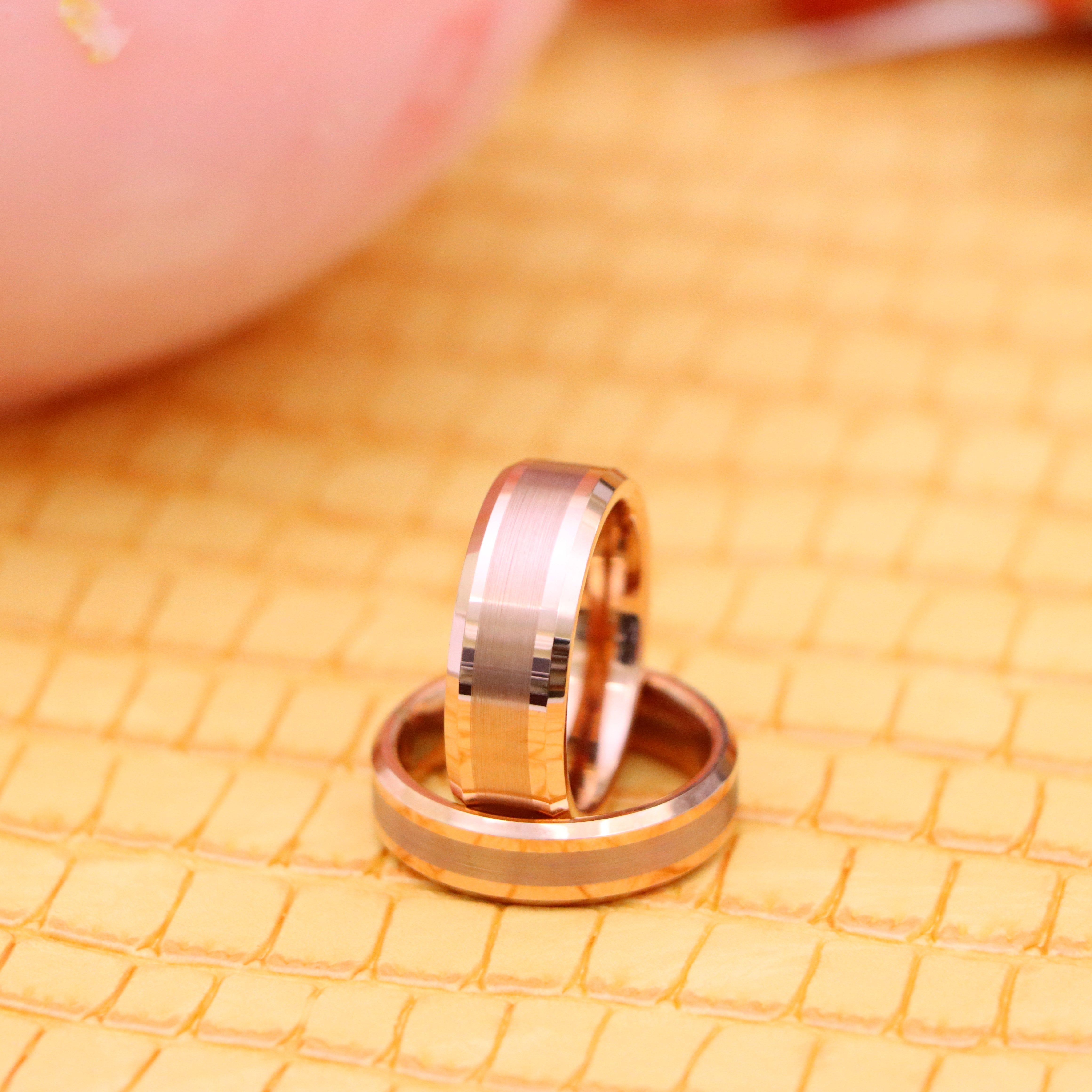 Rose Gold IP Plated Brushed Center High Polish Beveled Edge Tungsten Ring - Labhu USA