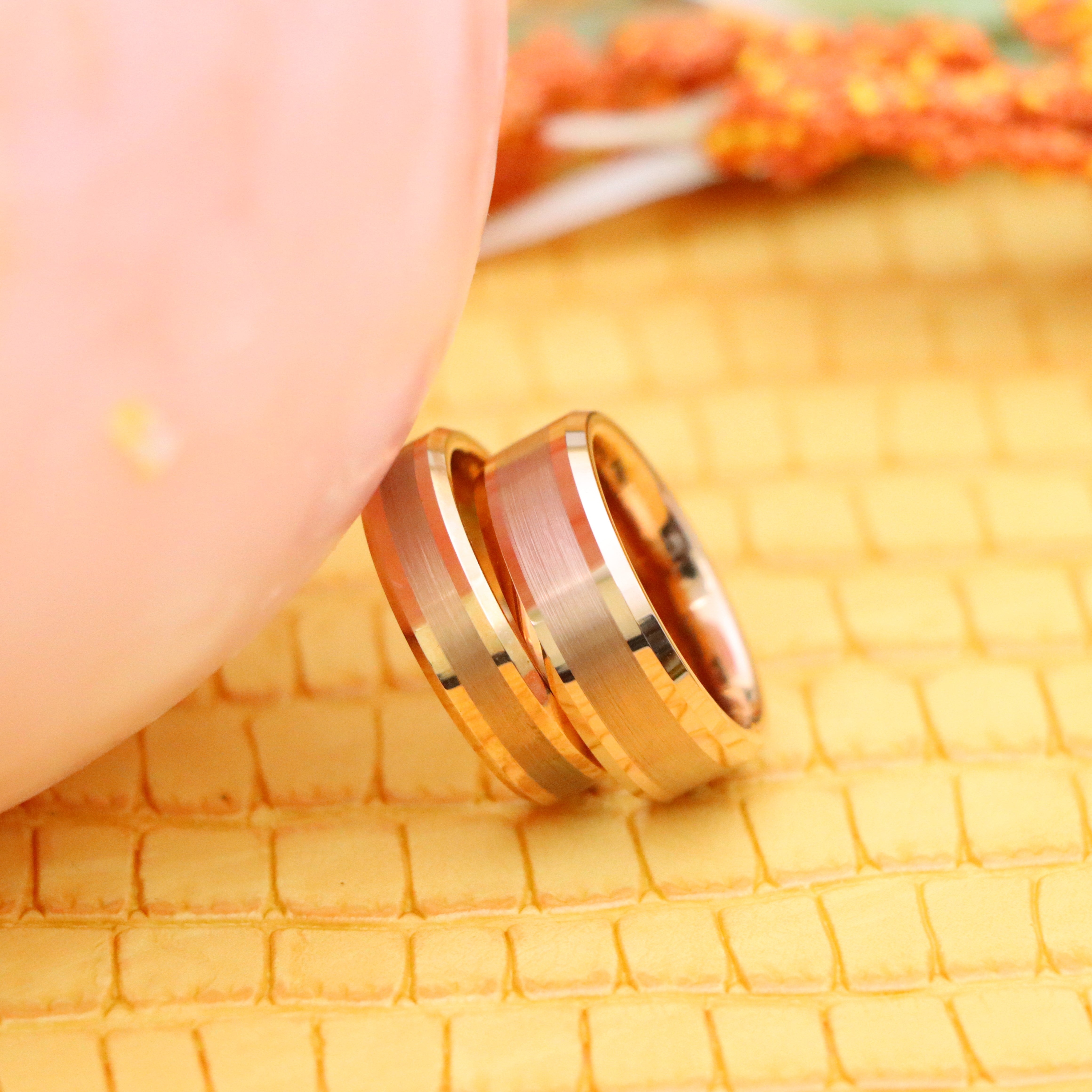 Rose Gold IP Plated Brushed Center High Polish Beveled Edge Tungsten Ring - Labhu USA