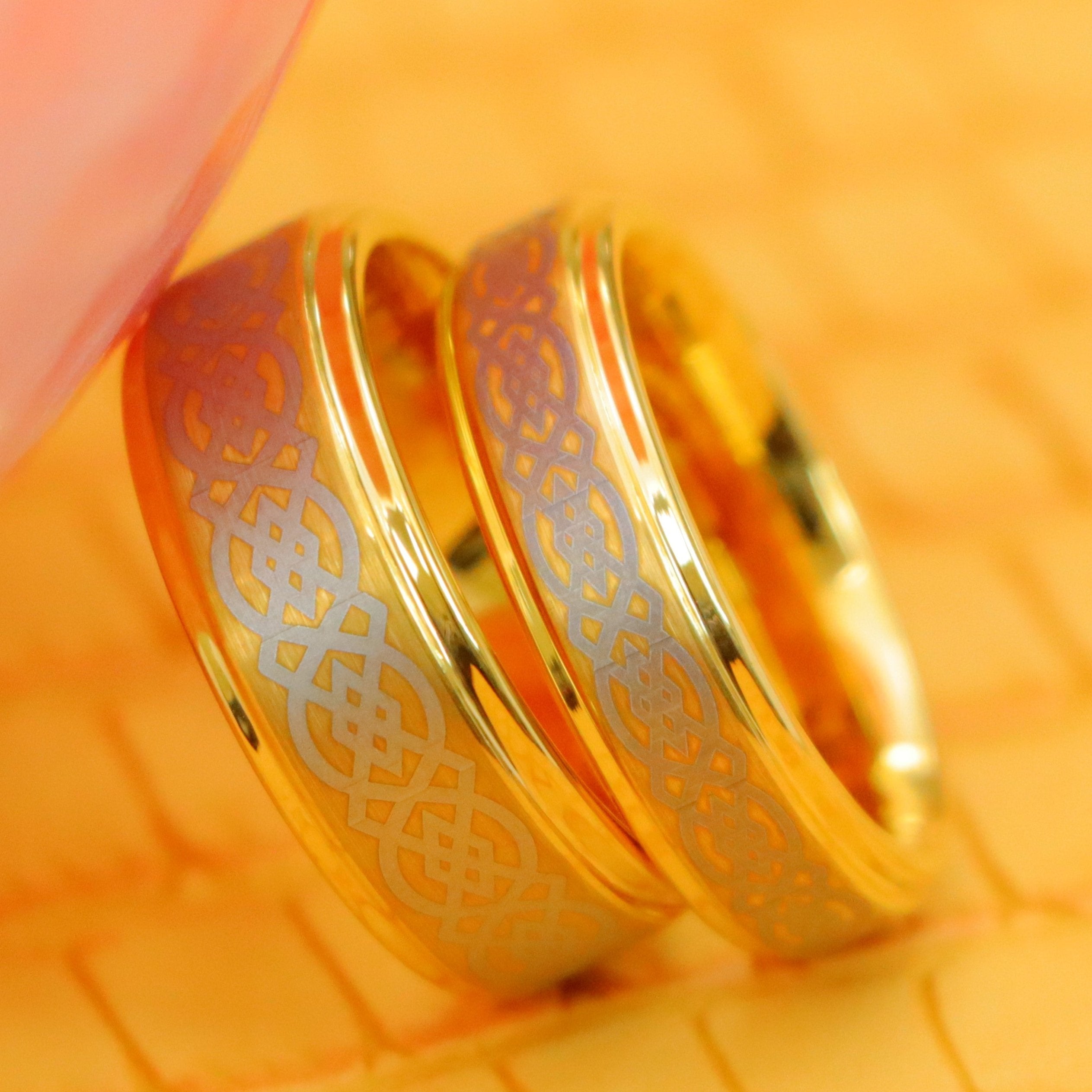 Yellow Gold Plated High Polish Laser Engraved Celtic Knot Pattern Tungsten Ring - Labhu USA