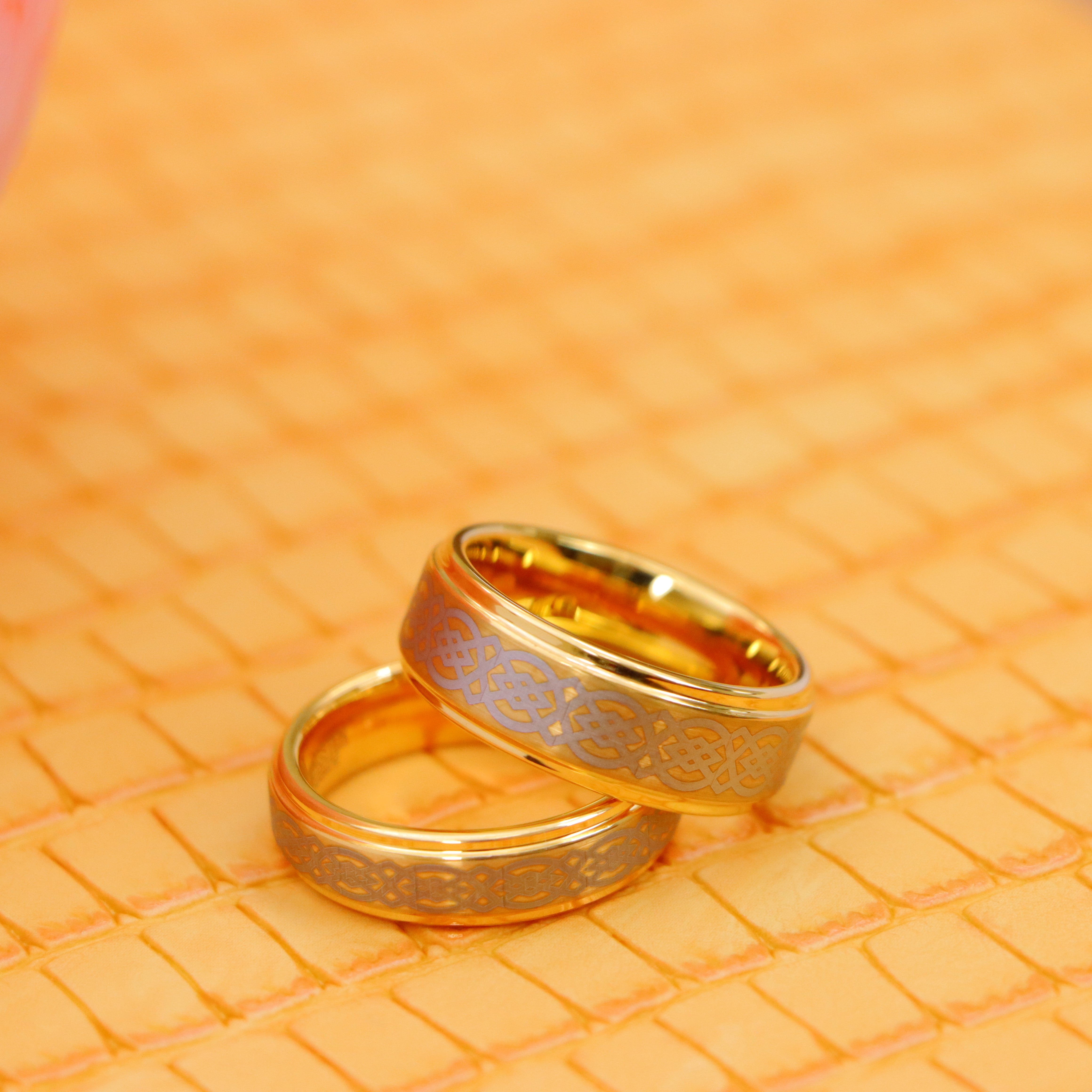 Yellow Gold Plated High Polish Laser Engraved Celtic Knot Pattern Tungsten Ring - Labhu USA