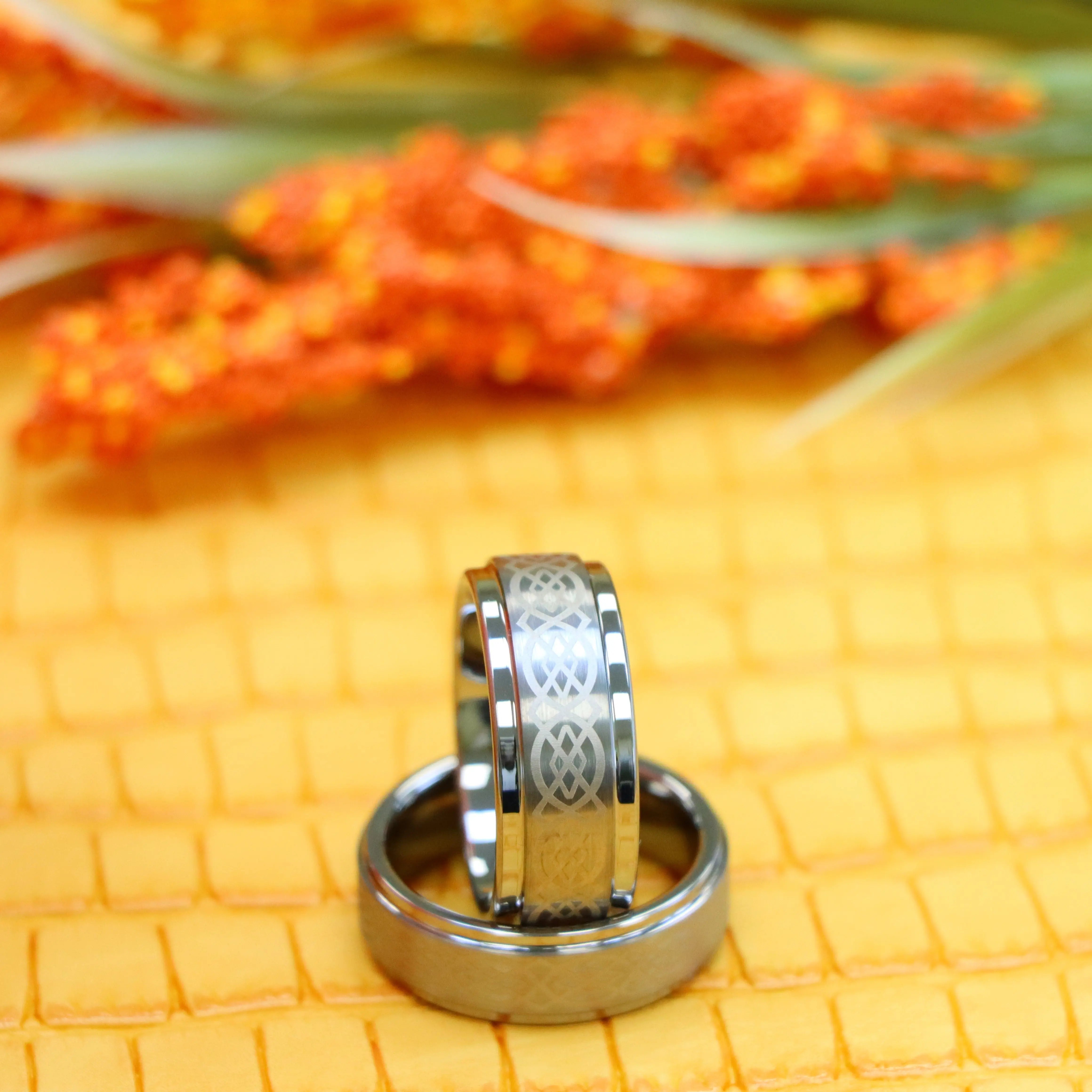 Brushed Center Laser Engraved Celtic Pattern Tungsten Ring - Labhu USA