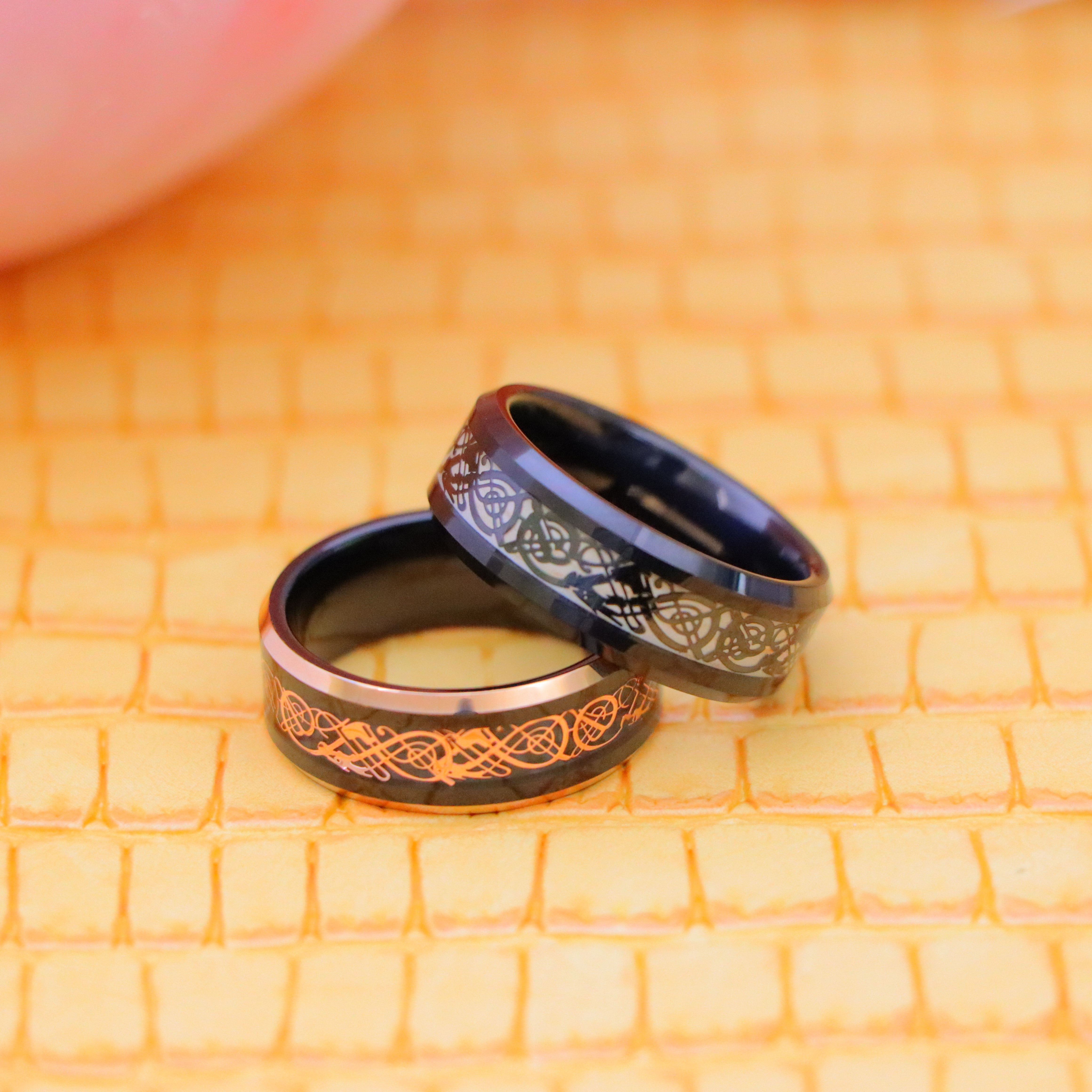 8mm Black/Black & Rose Gold IP Celtic Cut-Out Design Inlay Tungsten Ring - Labhu USA