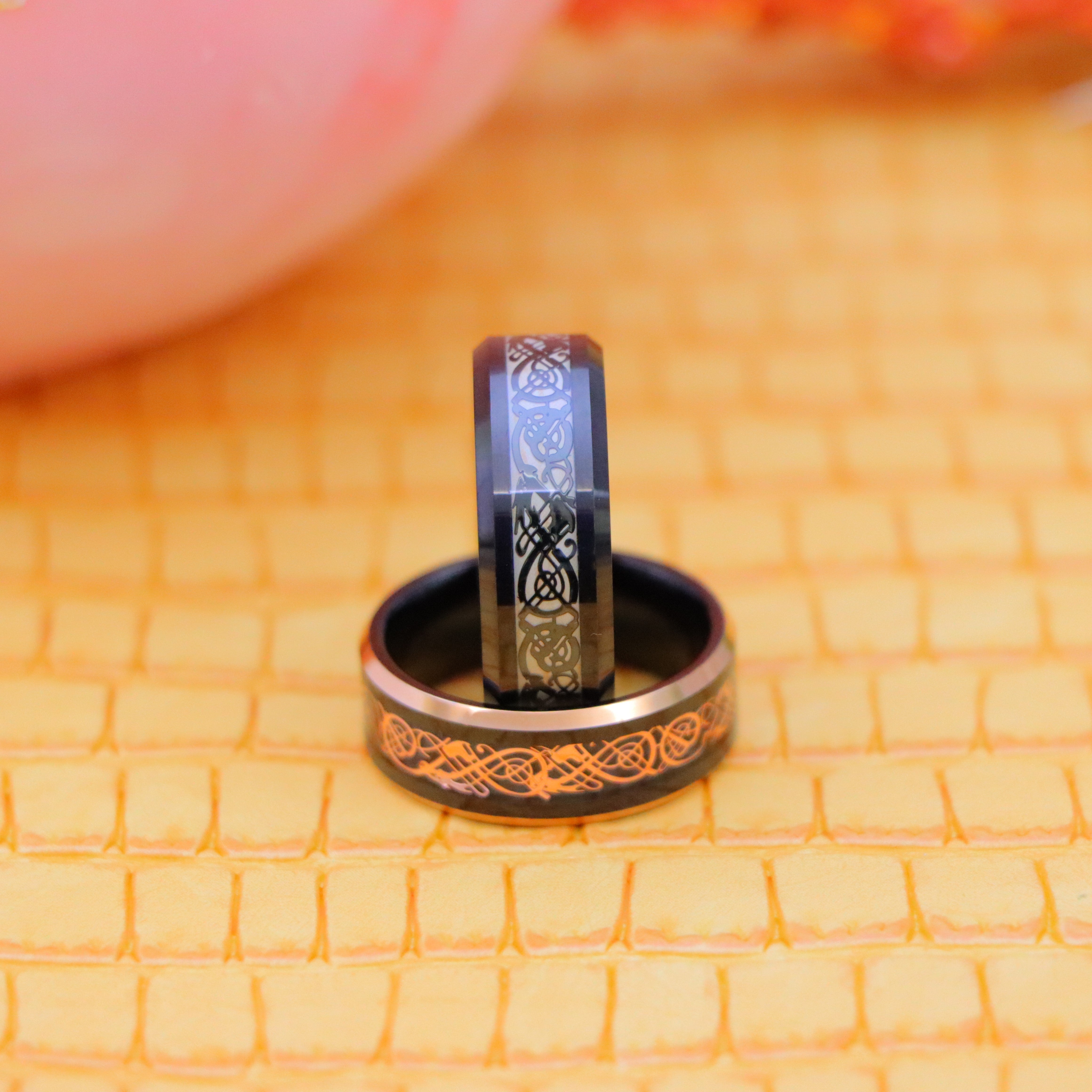 8mm Black/Black & Rose Gold IP Celtic Cut-Out Design Inlay Tungsten Ring - Labhu USA