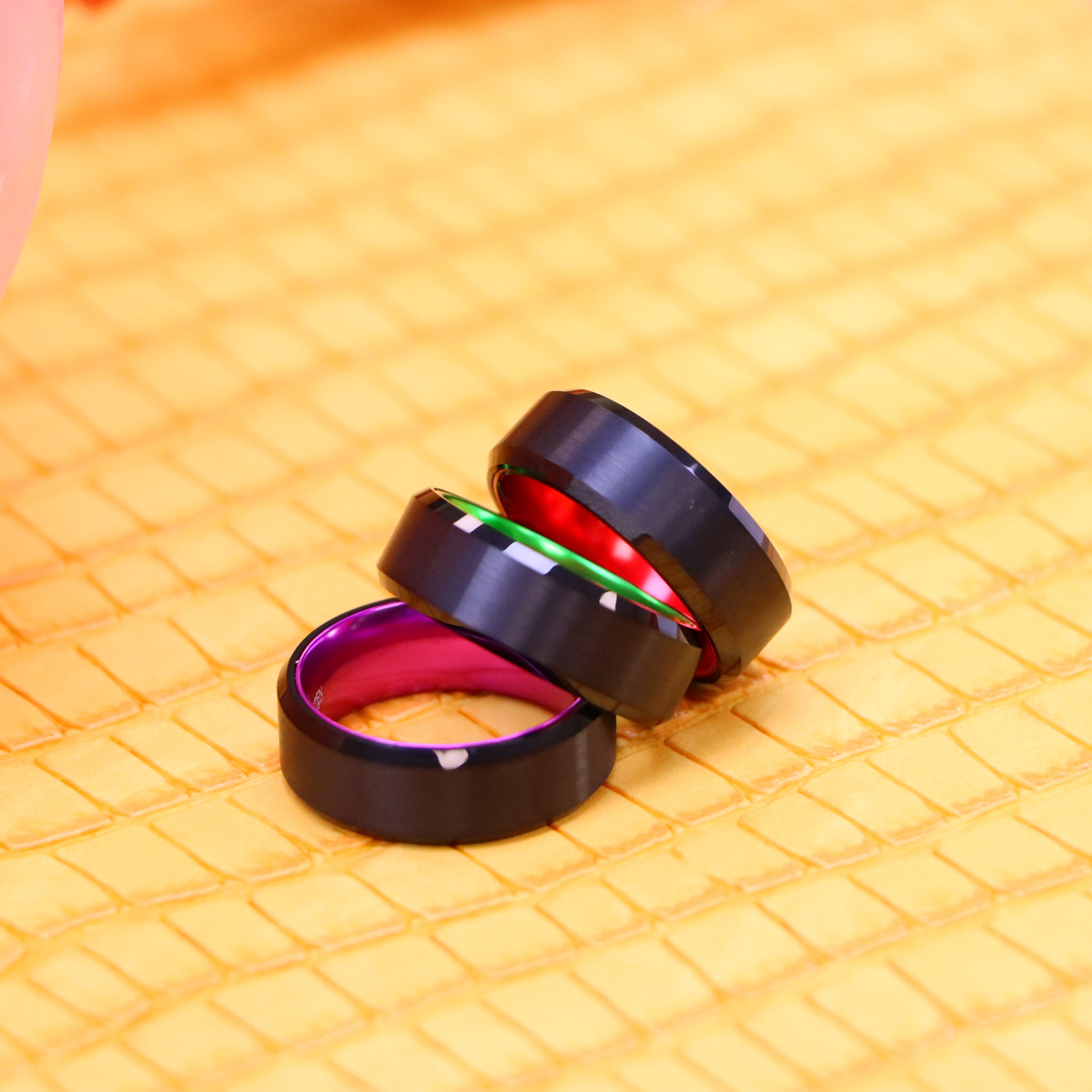 8mm Black Plated Beveled Edge with RED/GREEN/PURPLE Anodized Aluminum Sleeve Tungsten Ring - Labhu USA
