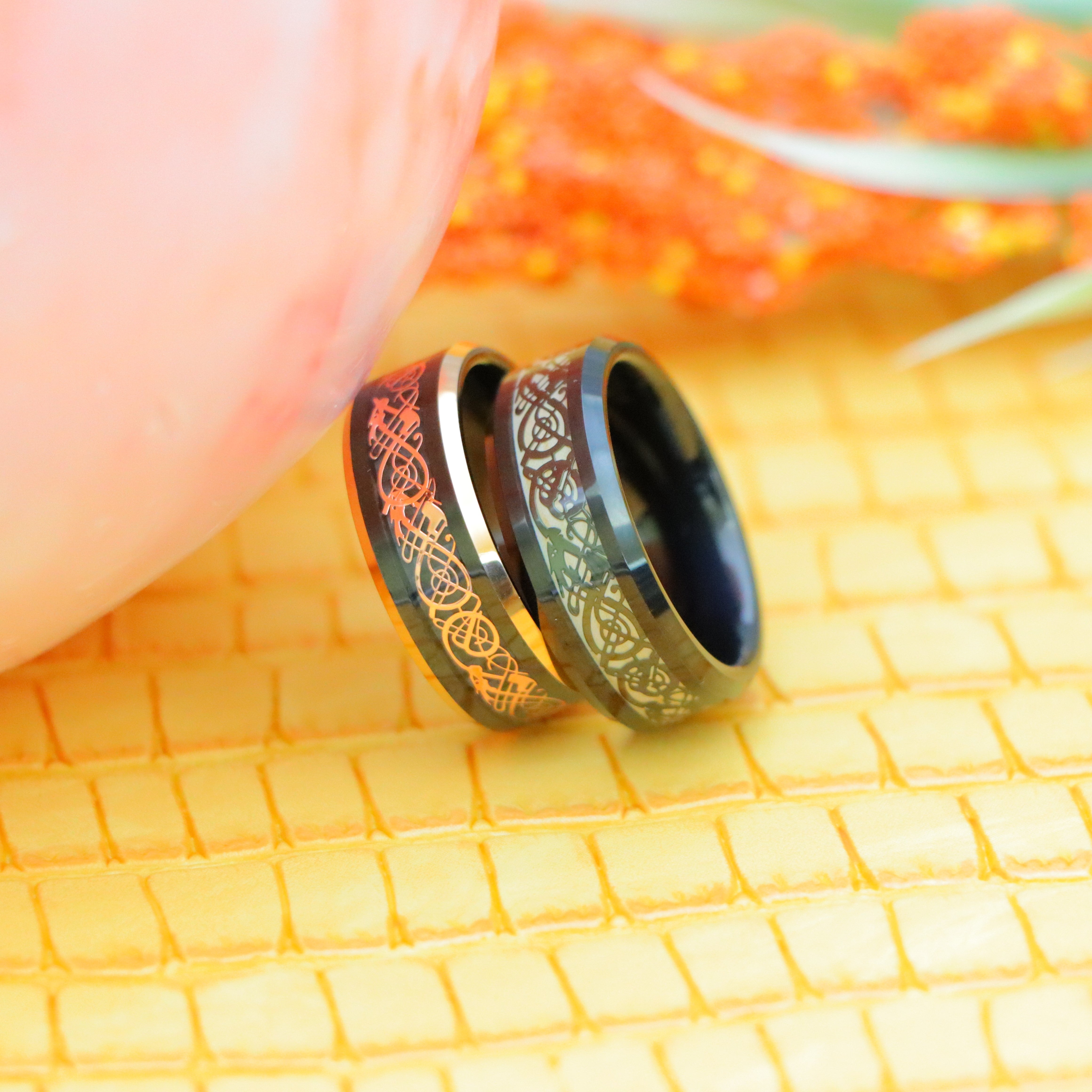 8mm Black/Black & Rose Gold IP Celtic Cut-Out Design Inlay Tungsten Ring - Labhu USA