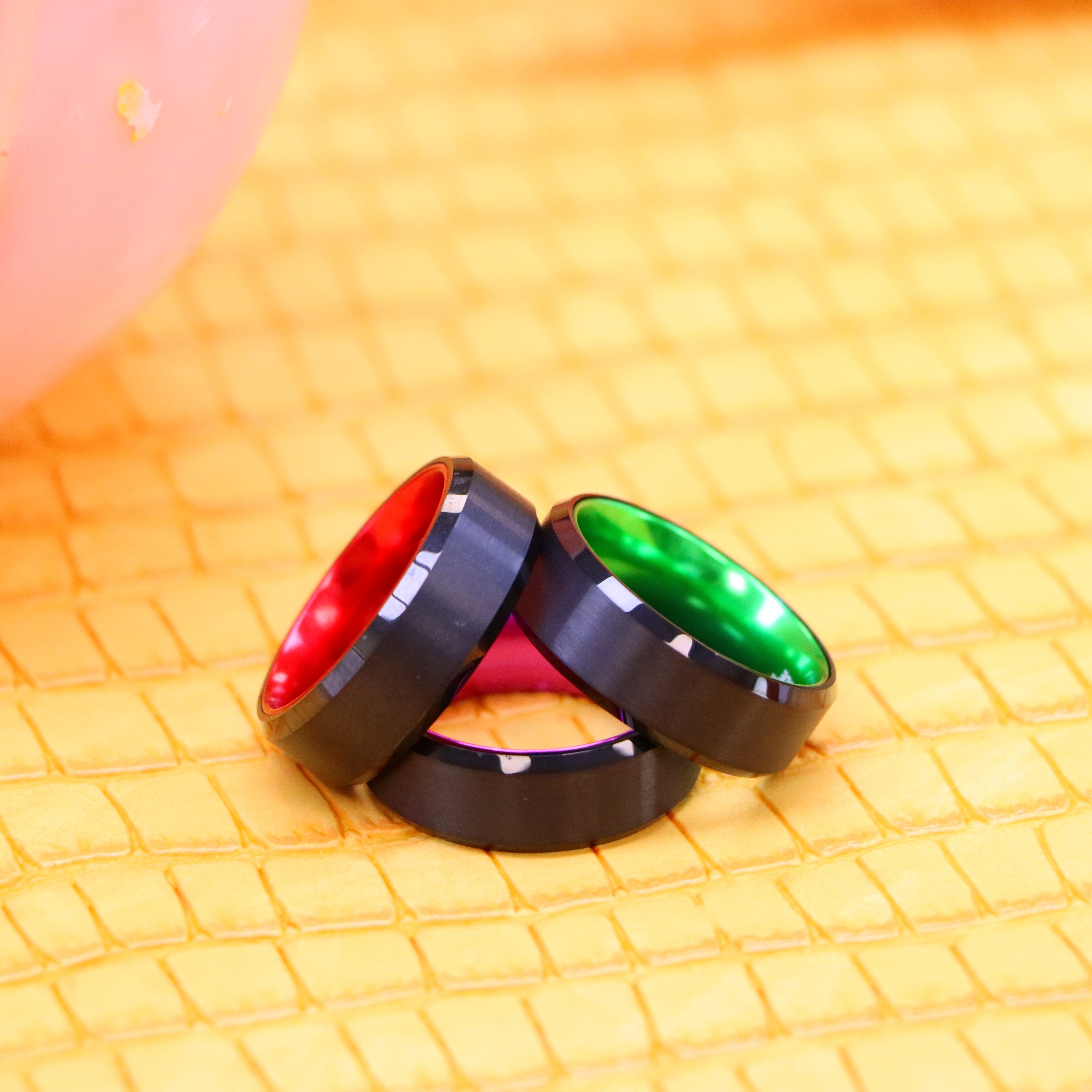 8mm Black Plated Beveled Edge with RED/GREEN/PURPLE Anodized Aluminum Sleeve Tungsten Ring - Labhu USA