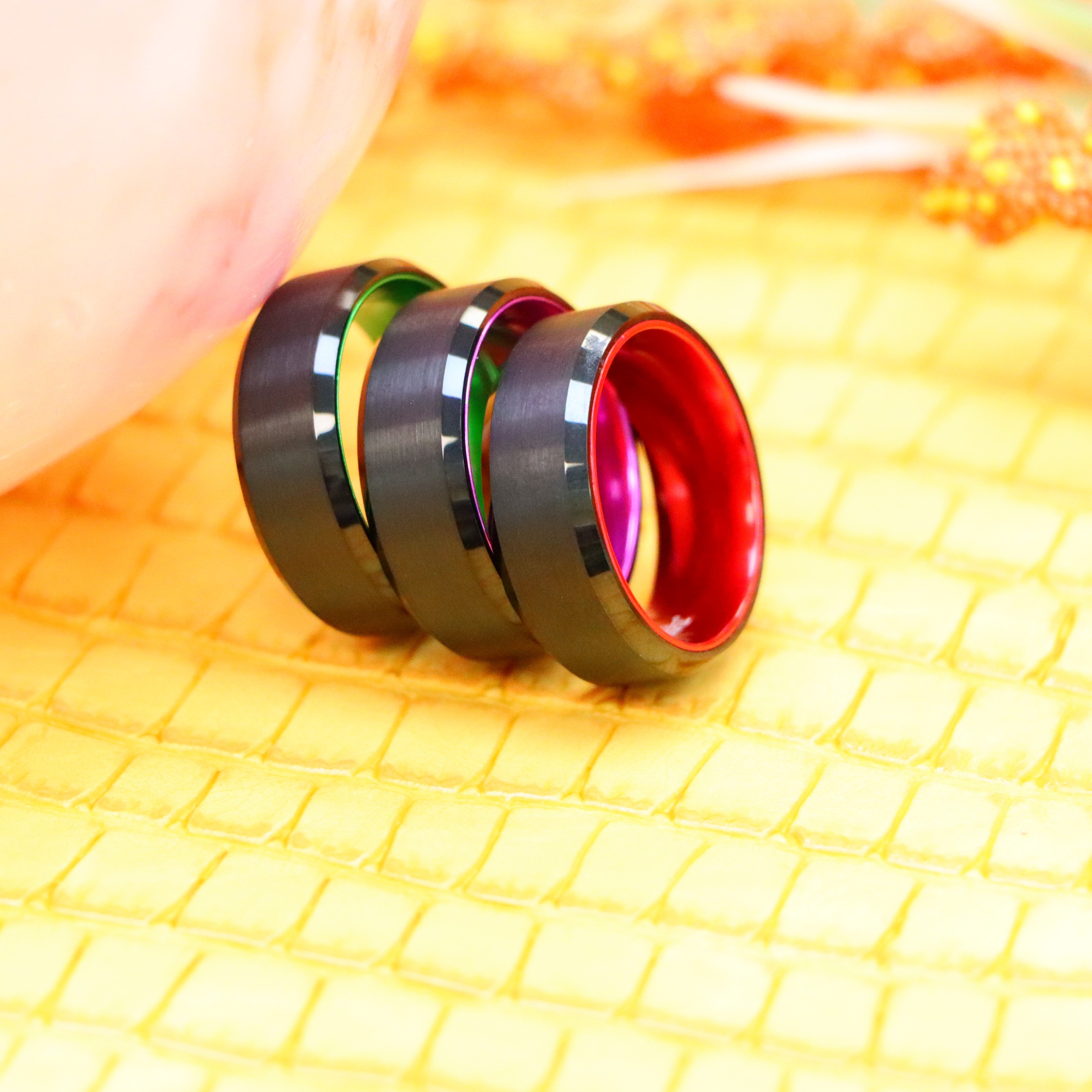 8mm Black Plated Beveled Edge with RED/GREEN/PURPLE Anodized Aluminum Sleeve Tungsten Ring - Labhu USA