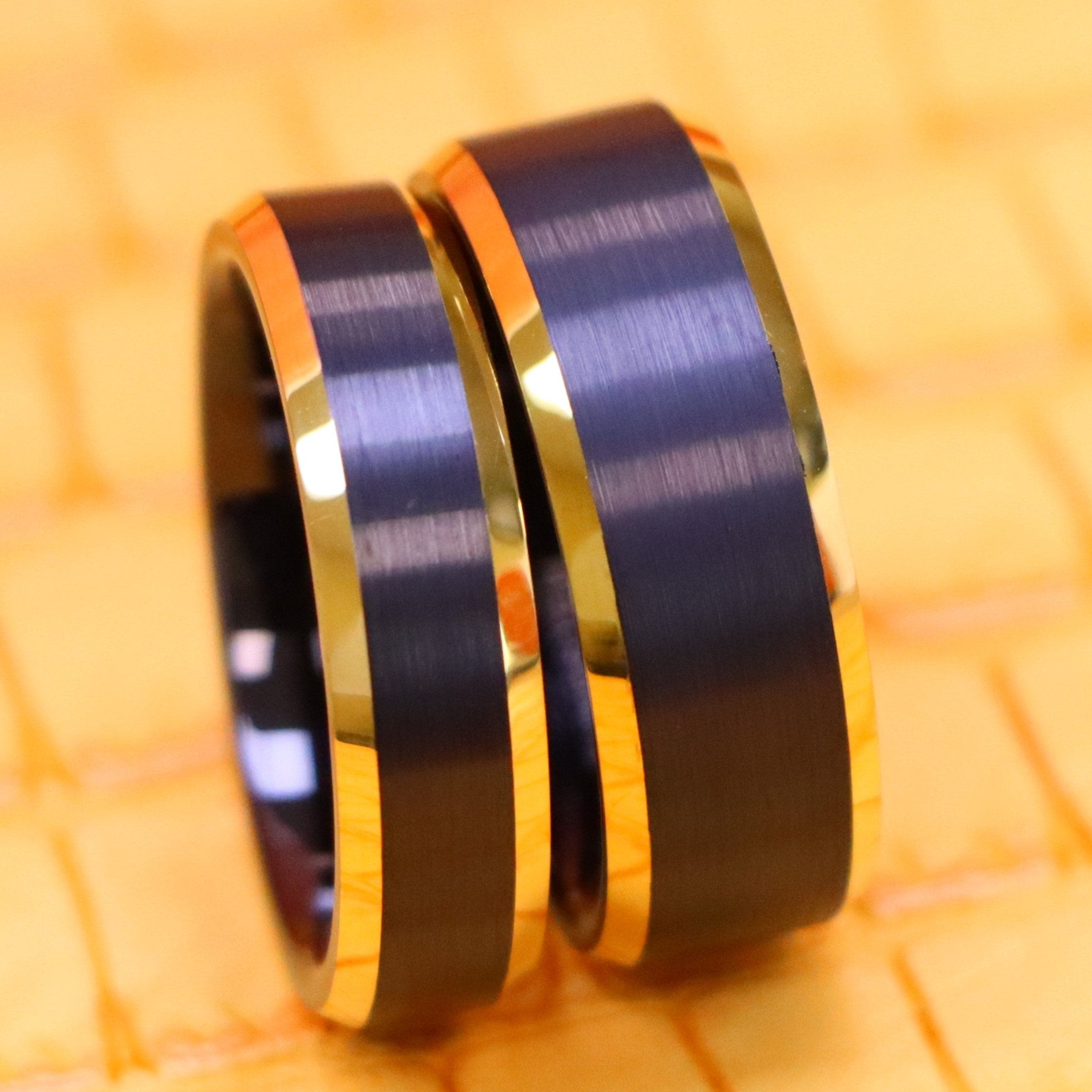 Black & Yellow Gold IP Brushed Center Beveled Edge Tungsten Ring - Labhu USA
