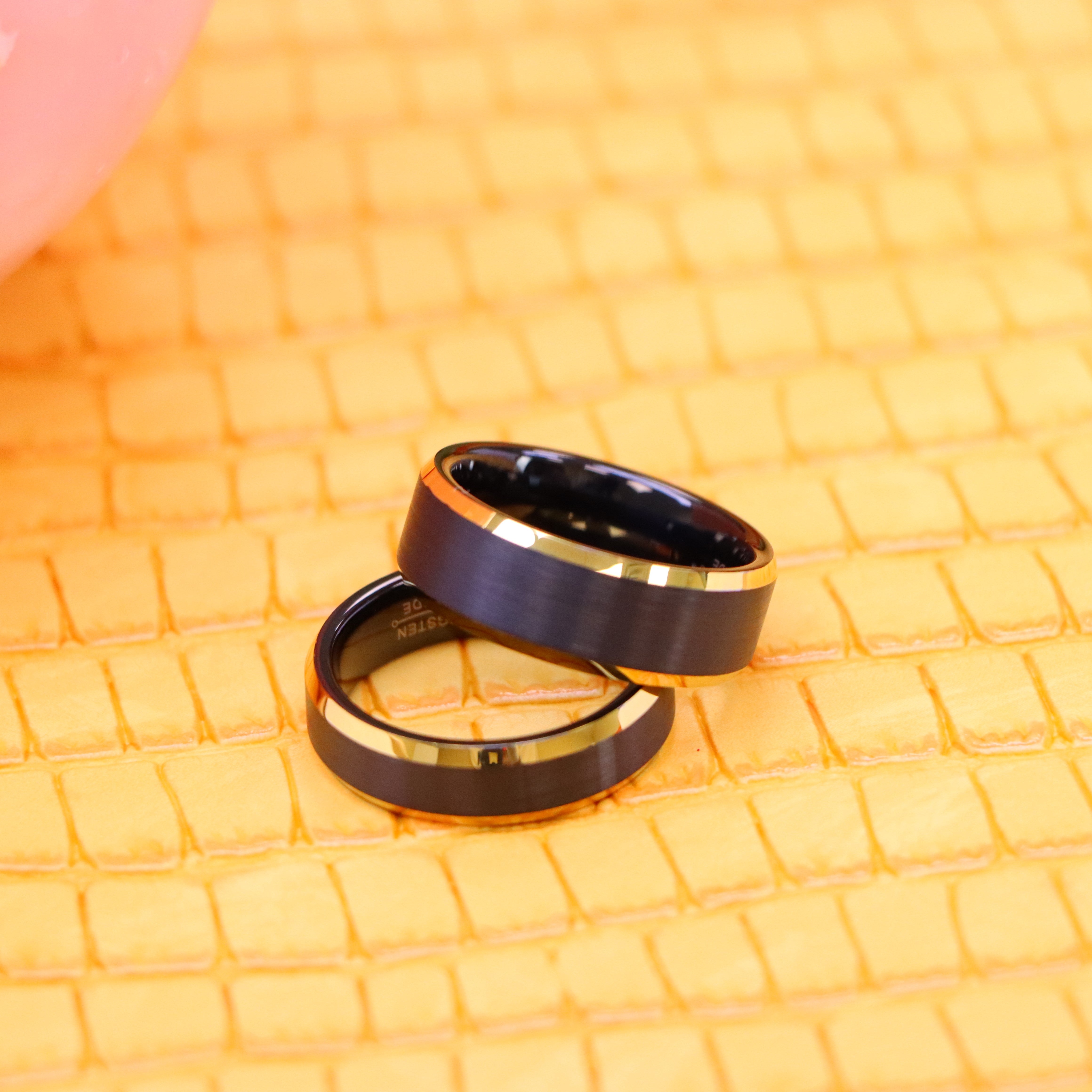 Black & Yellow Gold IP Brushed Center Beveled Edge Tungsten Ring - Labhu USA