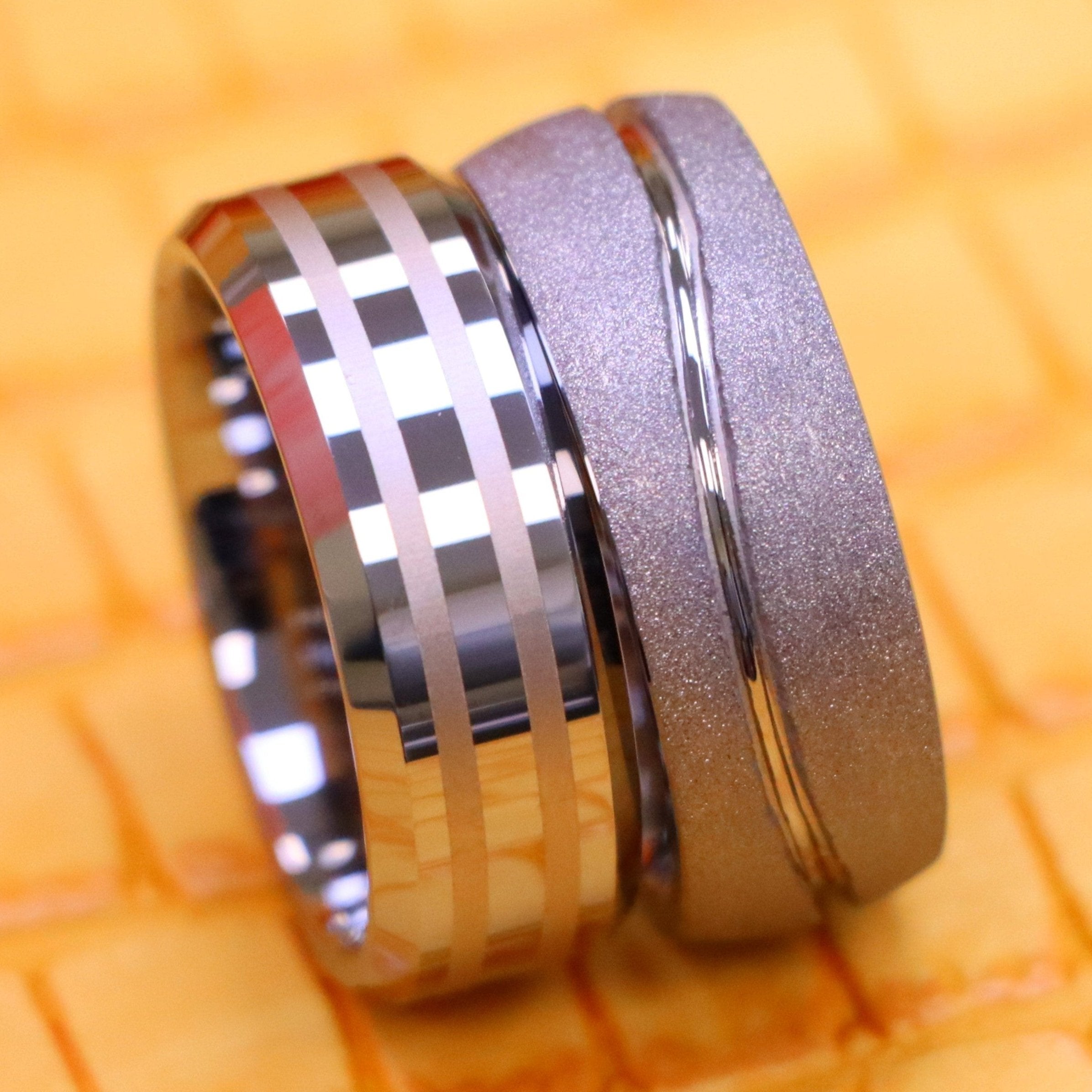 8mm Swirl Design Rough Stone Frosted Finish / High Polish Two Lines Laser Engraved Center Tungsten Ring - Men's Fashion Jewelry Labhu USA