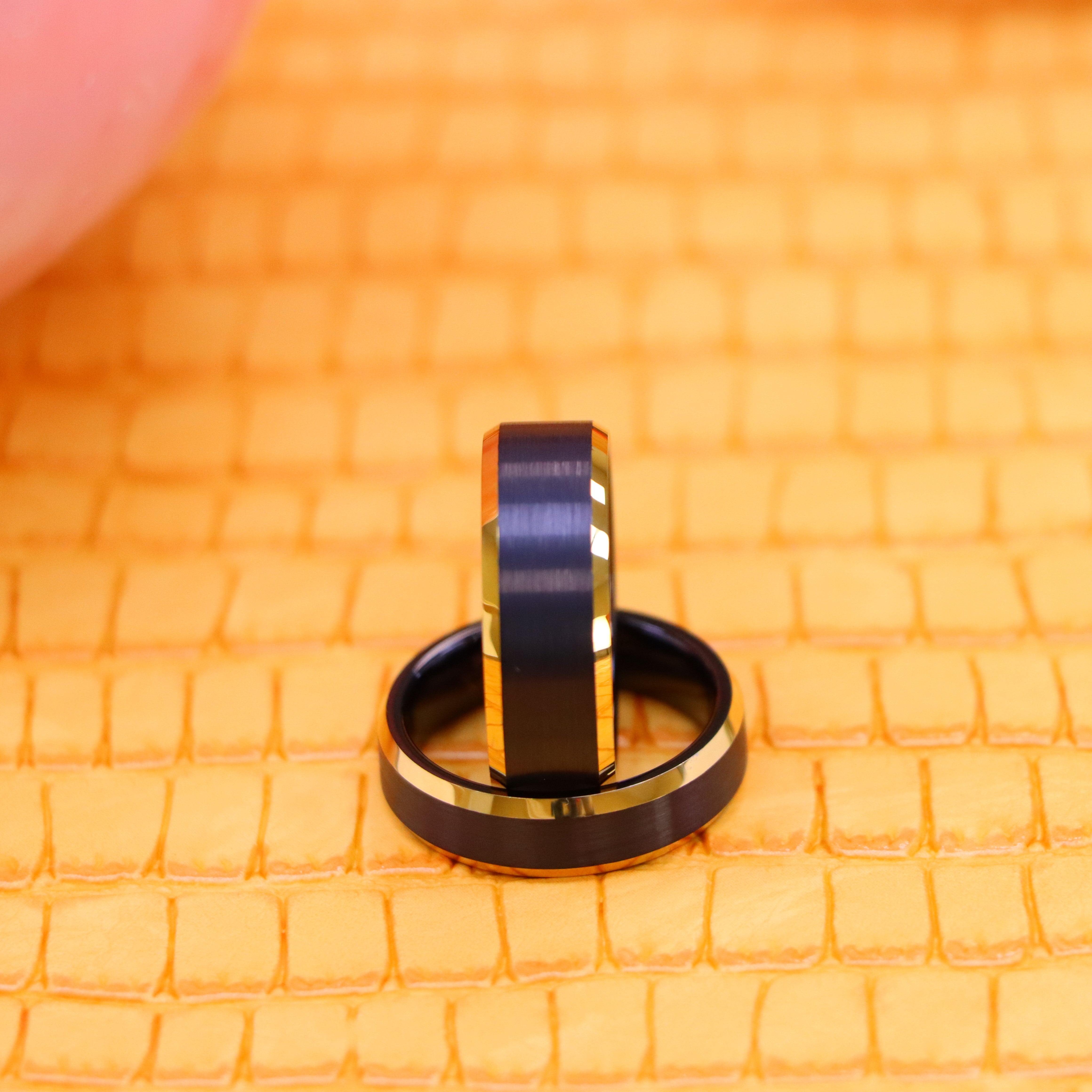 Black & Yellow Gold IP Brushed Center Beveled Edge Tungsten Ring - Labhu USA