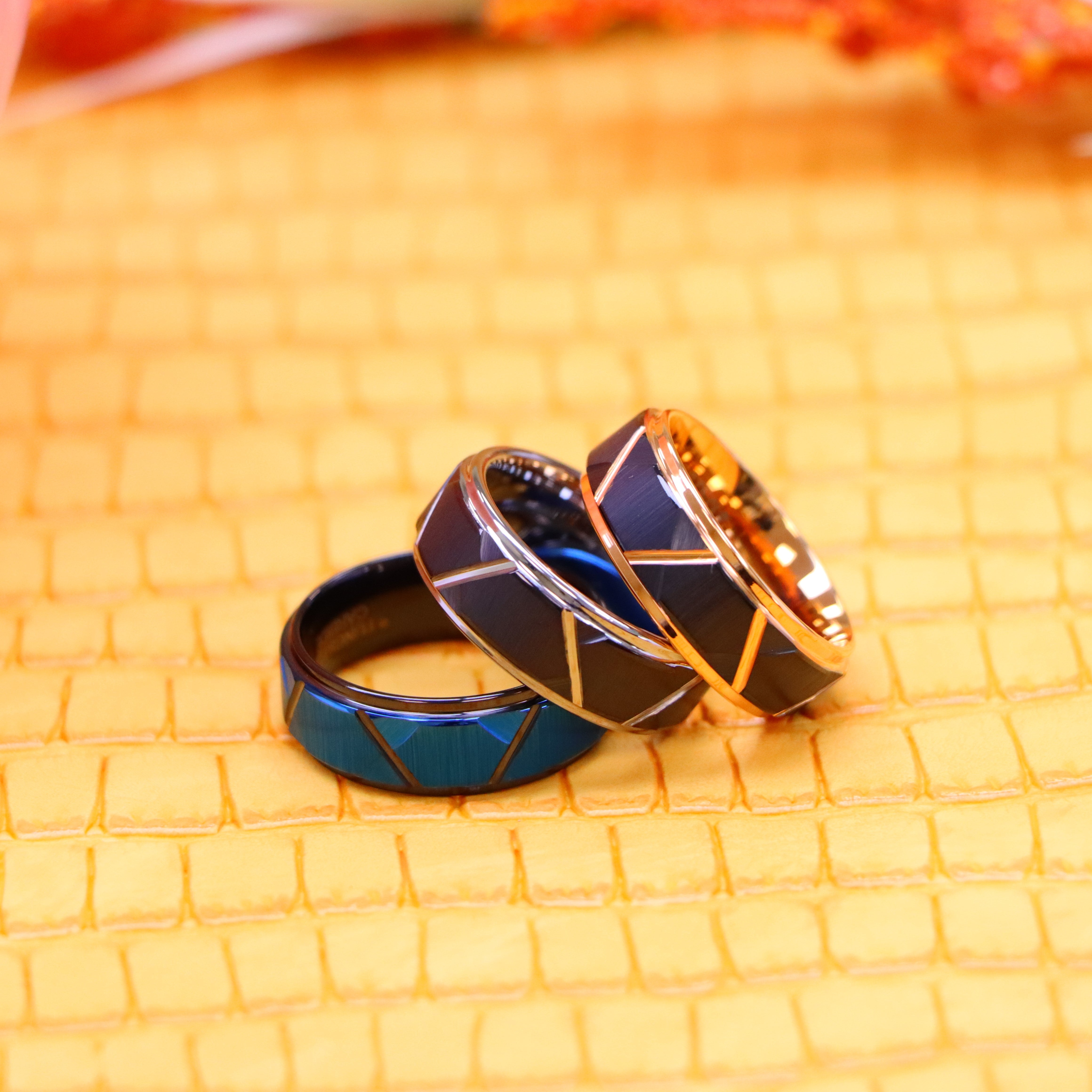 8mm Blue & Black/Black/Rose Gold/Black/Silver IP Plated Trapezoids Stepped Edge Tungsten Ring - Labhu USA