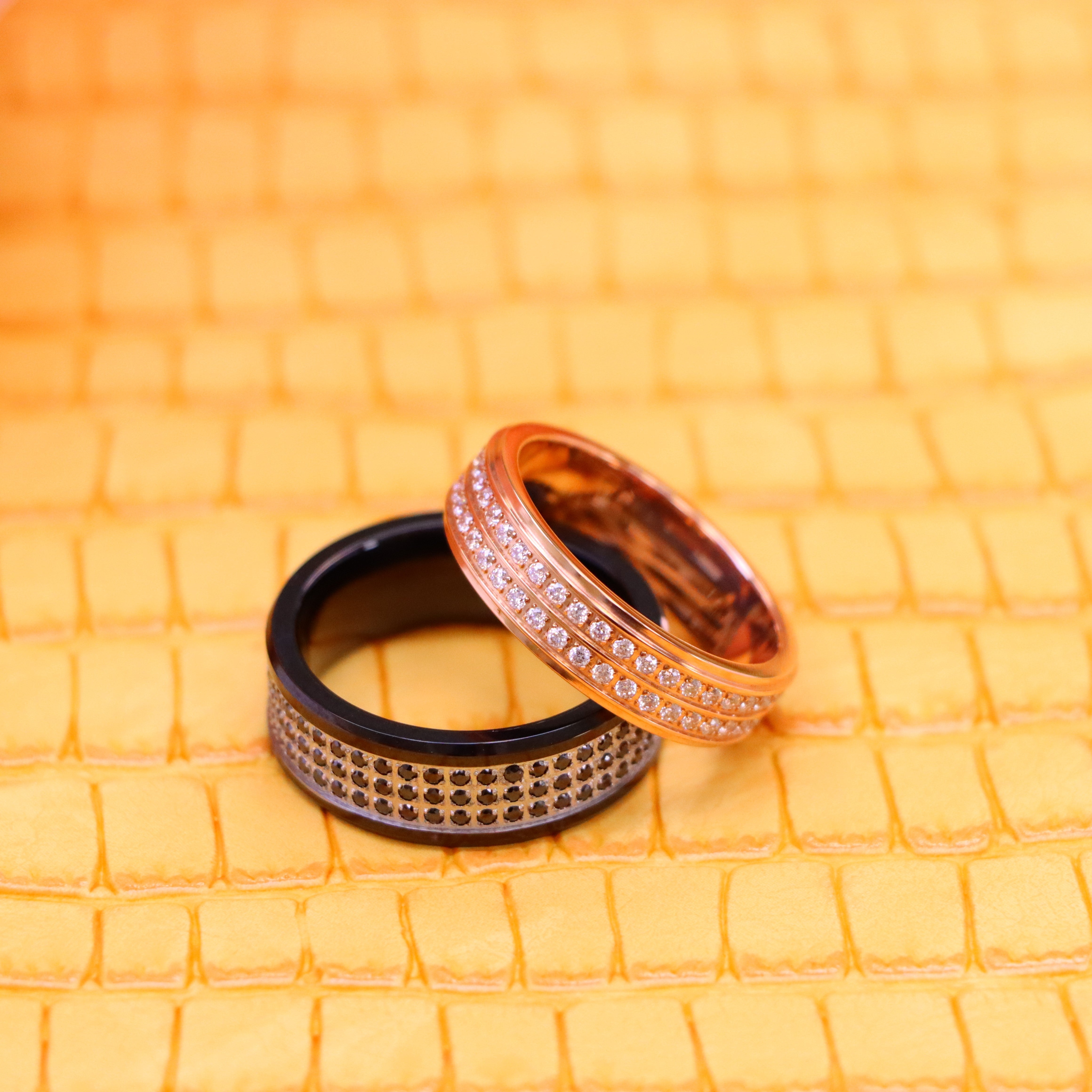 Titanium Rose IP Plated Full Eternity White CZ Titanium Ring - Women's Jewelry, Black IP Plated 3-Rows Black CZ Eternity Tungsten Ring - Men's Jewelry Labhu USA