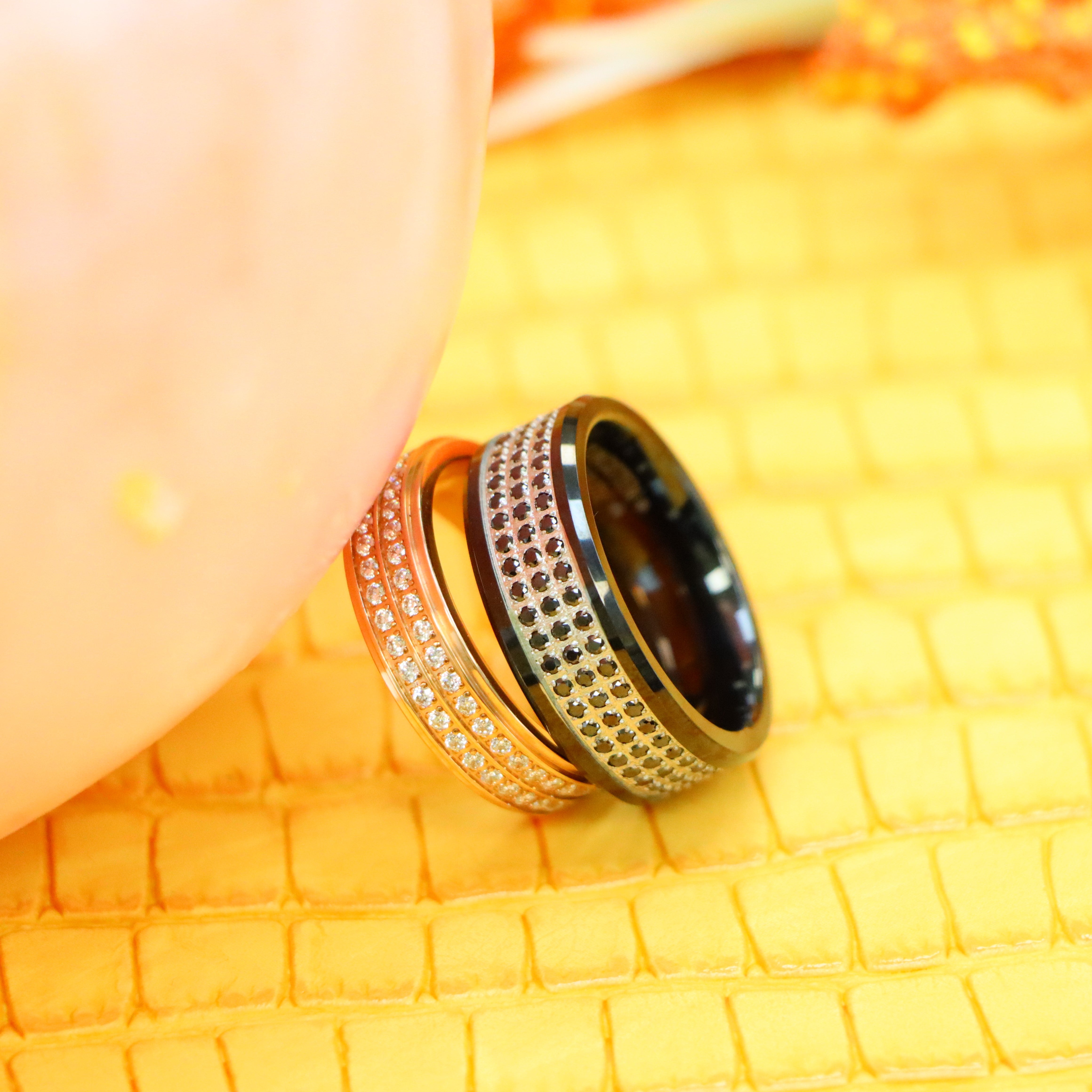 Titanium Rose IP Plated Full Eternity White CZ Titanium Ring - Women's Jewelry, Black IP Plated 3-Rows Black CZ Eternity Tungsten Ring - Men's Jewelry Labhu USA