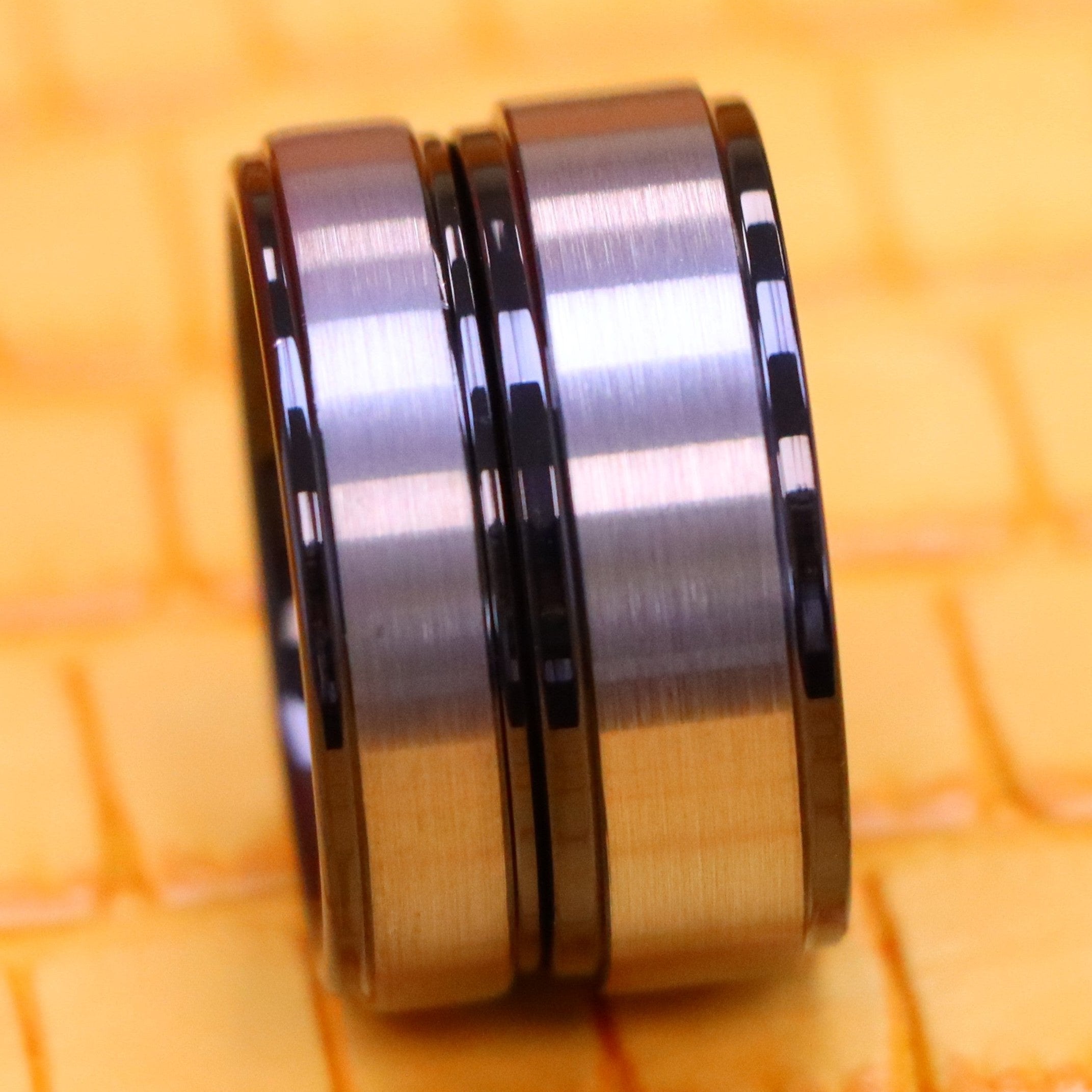 Black IP & Gun Metal Brushed Center Stepped Edge Tungsten Ring - Labhu USA