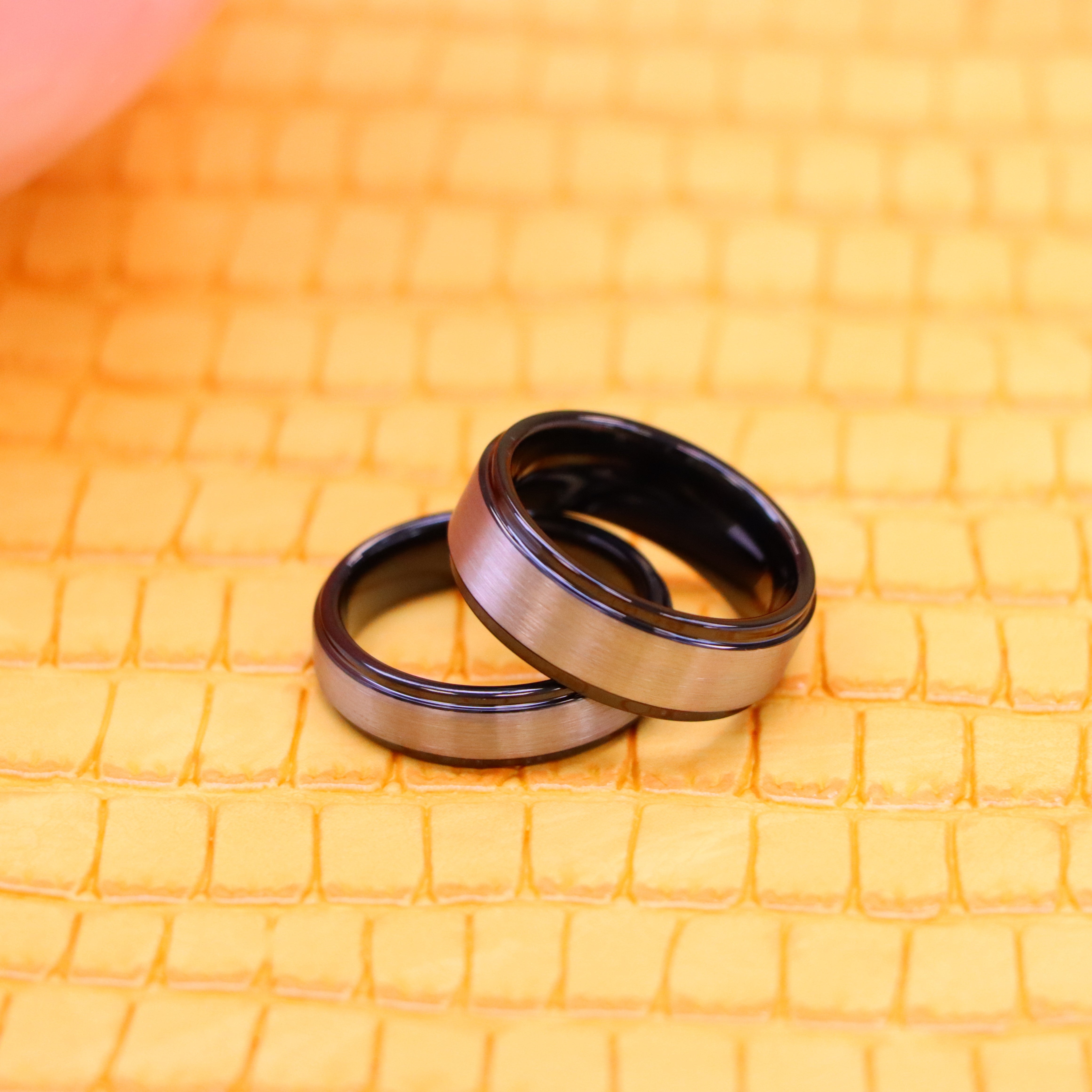 Black IP & Gun Metal Brushed Center Stepped Edge Tungsten Ring - Labhu USA