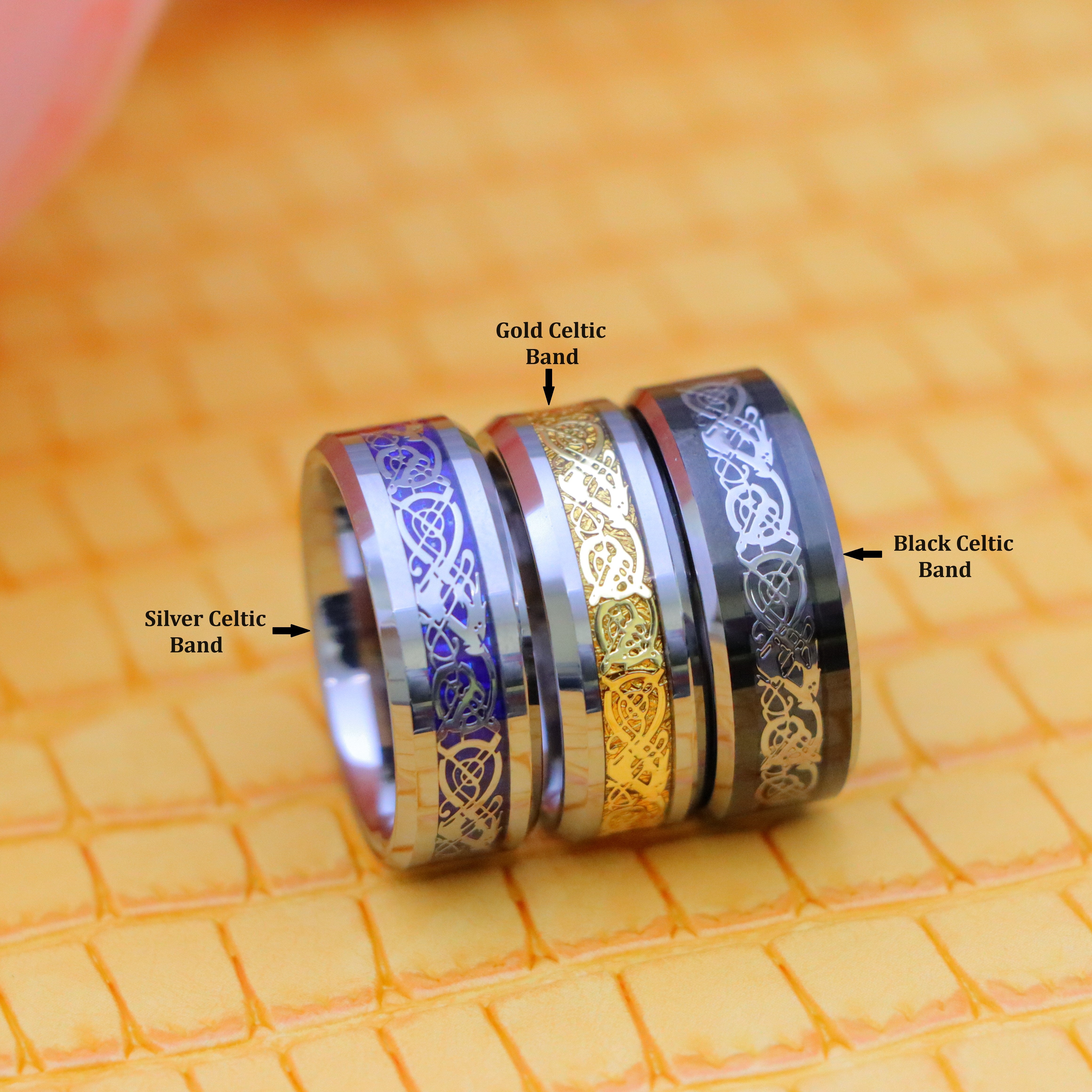 8mm Shiny Beveled Edge Tungsten Ring with Golden/Blue/Stainless Steel Celtic Dragon Cut-Out Inlay - Labhu USA