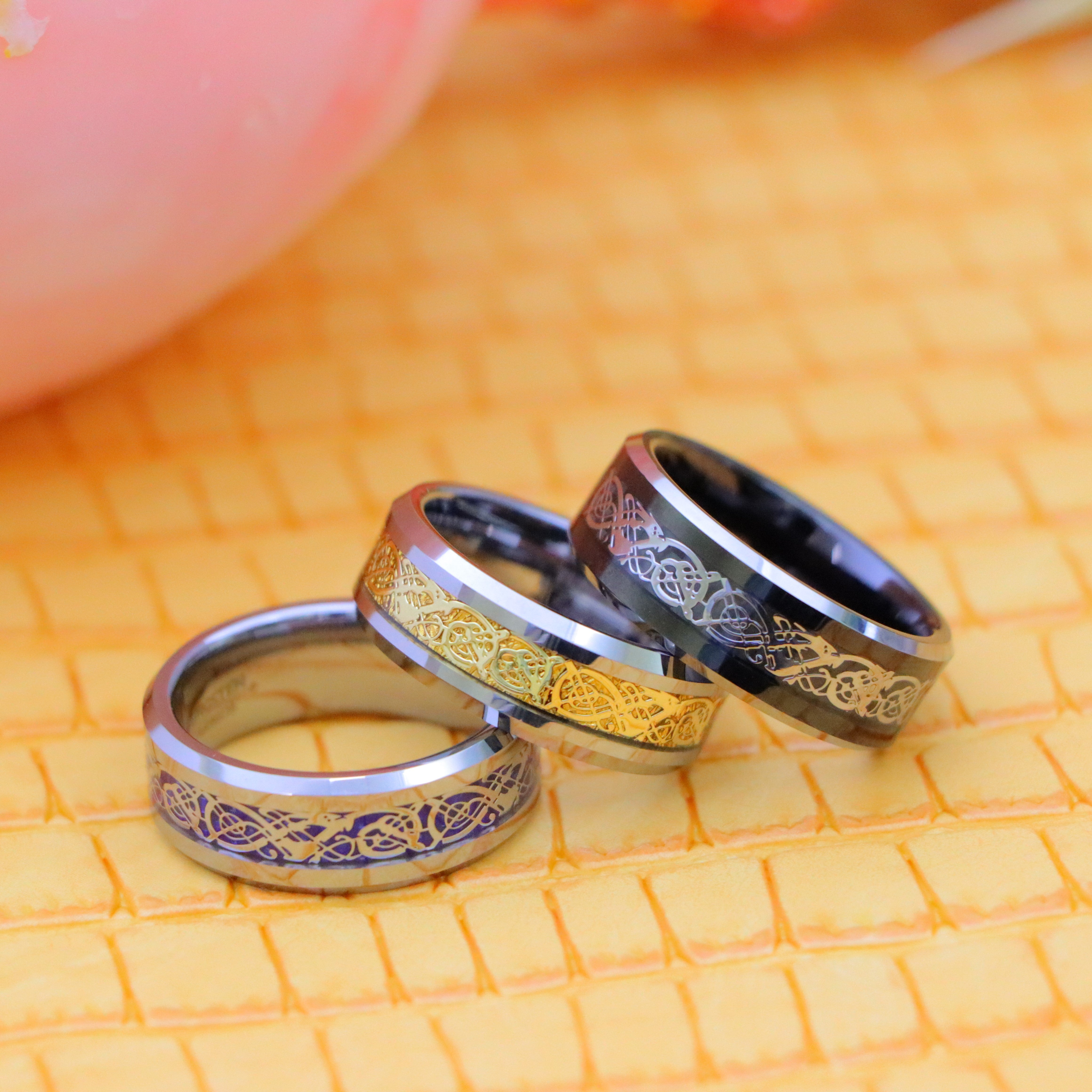 8mm Shiny Beveled Edge Tungsten Ring with Golden/Blue/Stainless Steel Celtic Dragon Cut-Out Inlay - Labhu USA