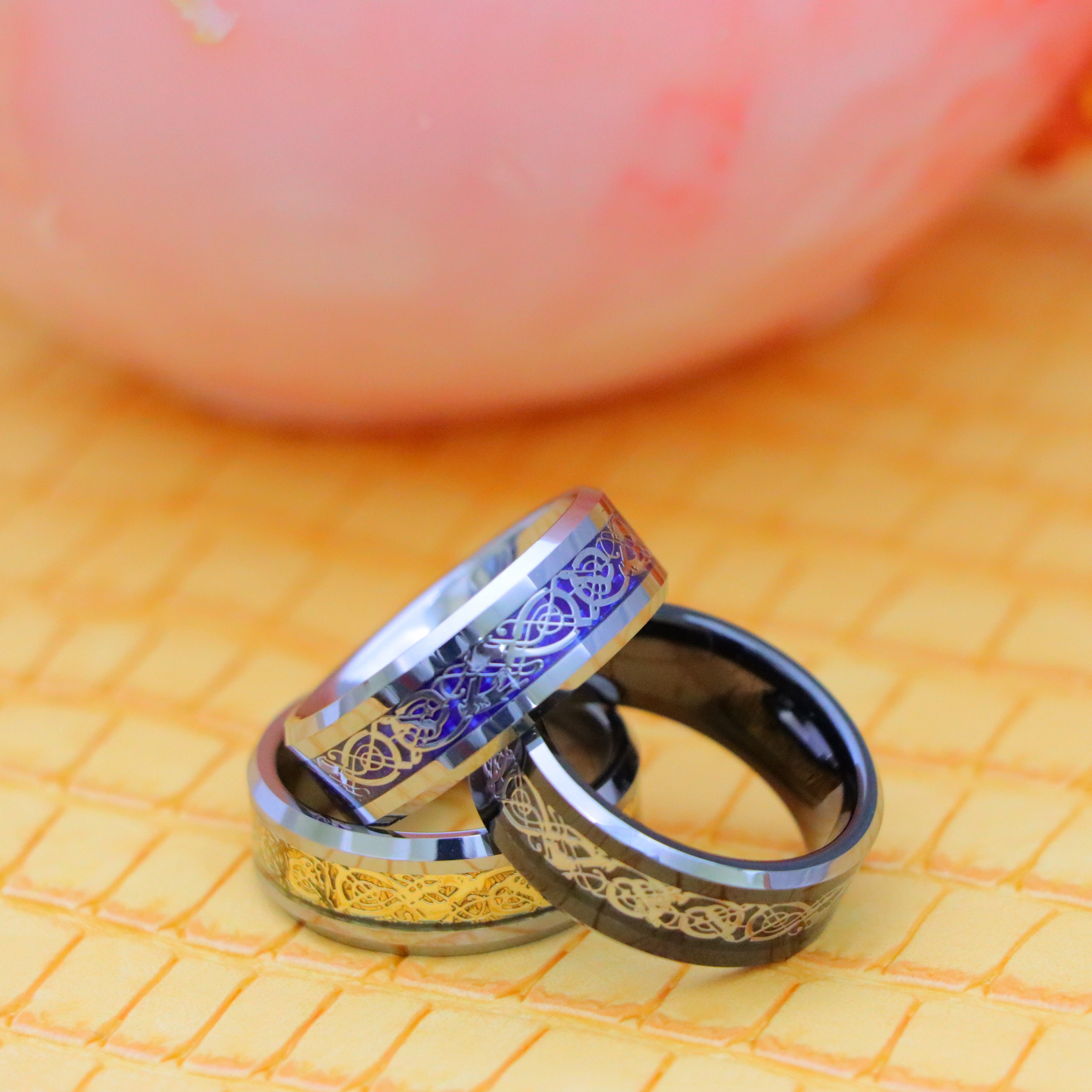 8mm Shiny Beveled Edge Tungsten Ring with Golden/Blue/Stainless Steel Celtic Dragon Cut-Out Inlay - Labhu USA