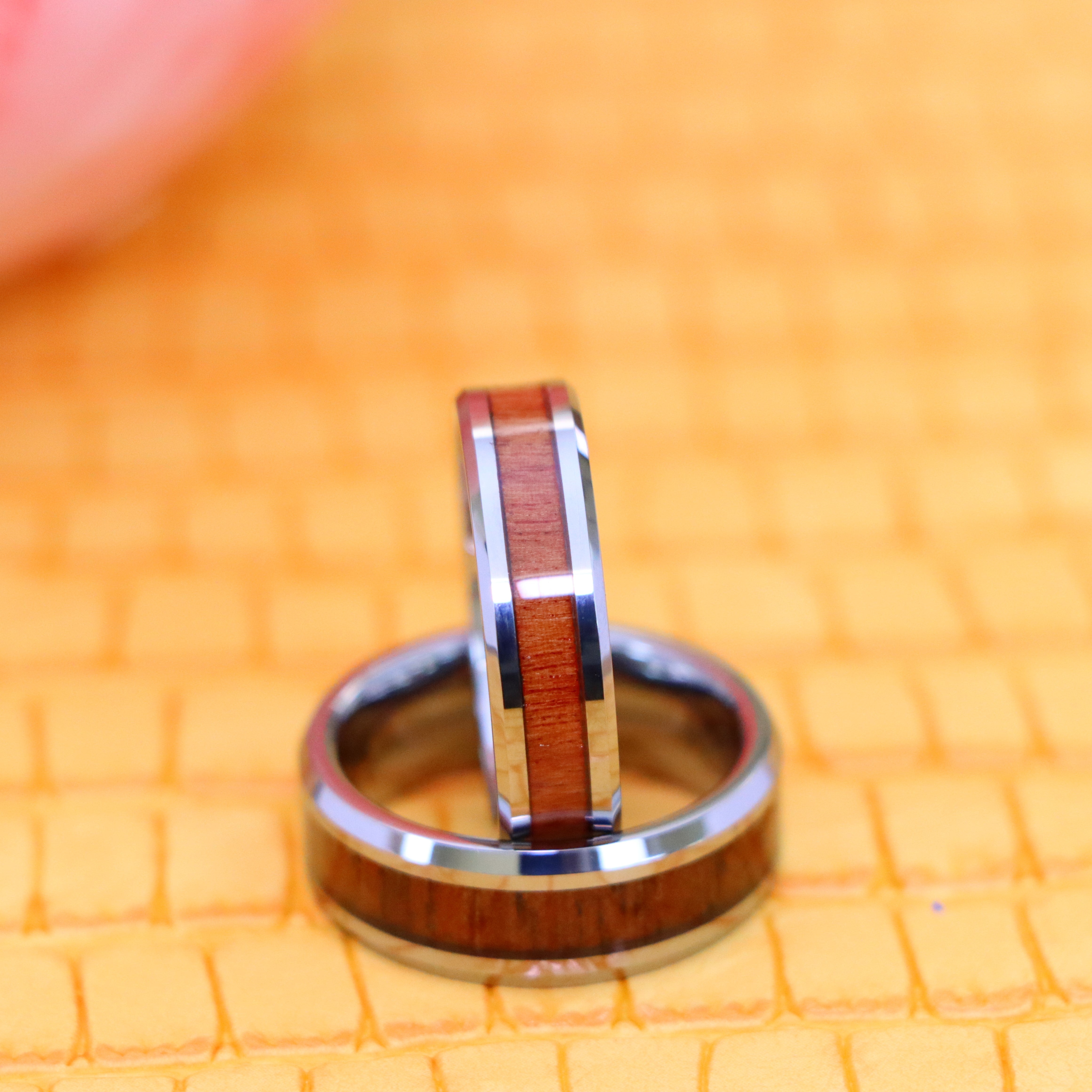 High Polished with Mahogany Wood Inlay Beveled Edge Tungsten Ring - Labhu USA