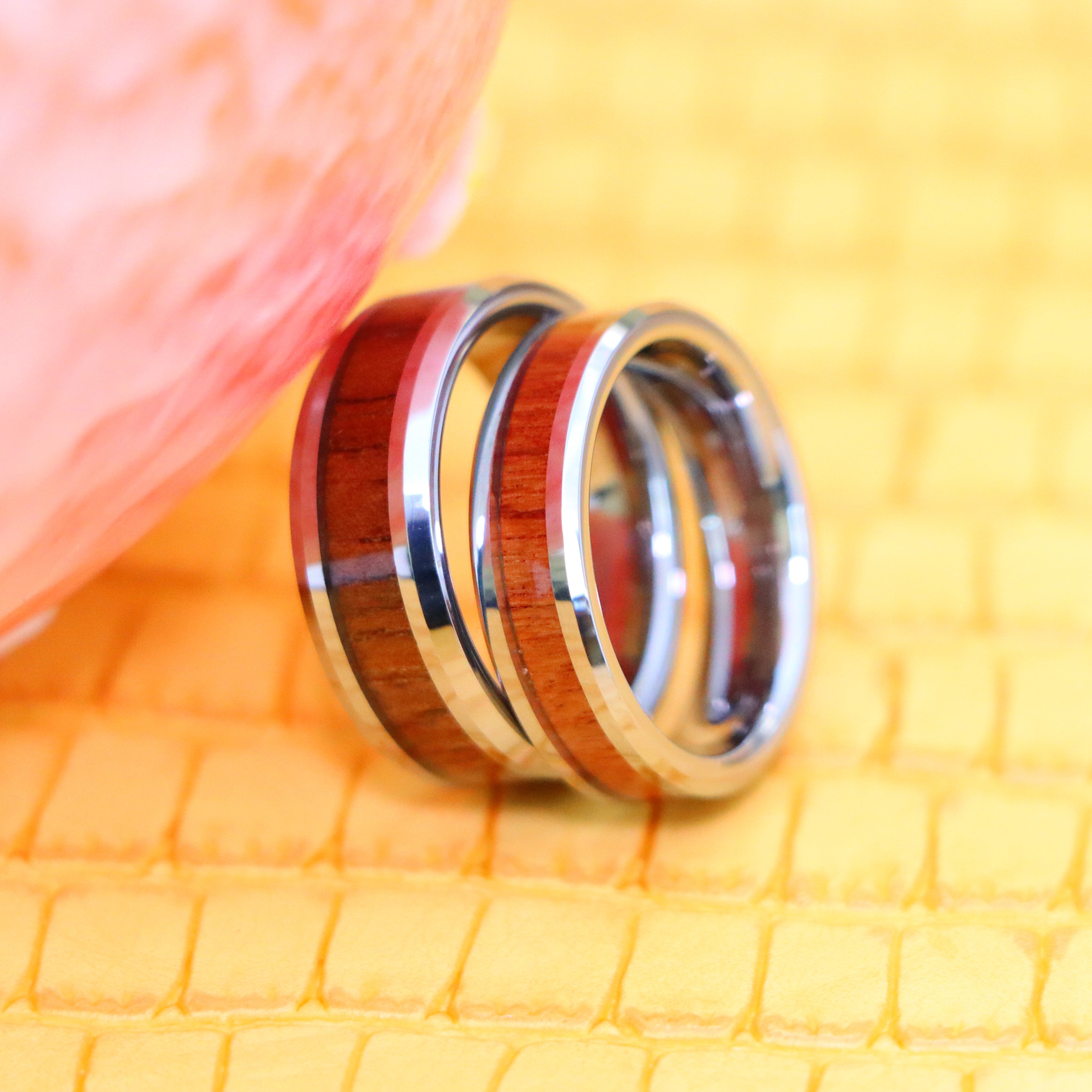 High Polished with Mahogany Wood Inlay Beveled Edge Tungsten Ring - Labhu USA