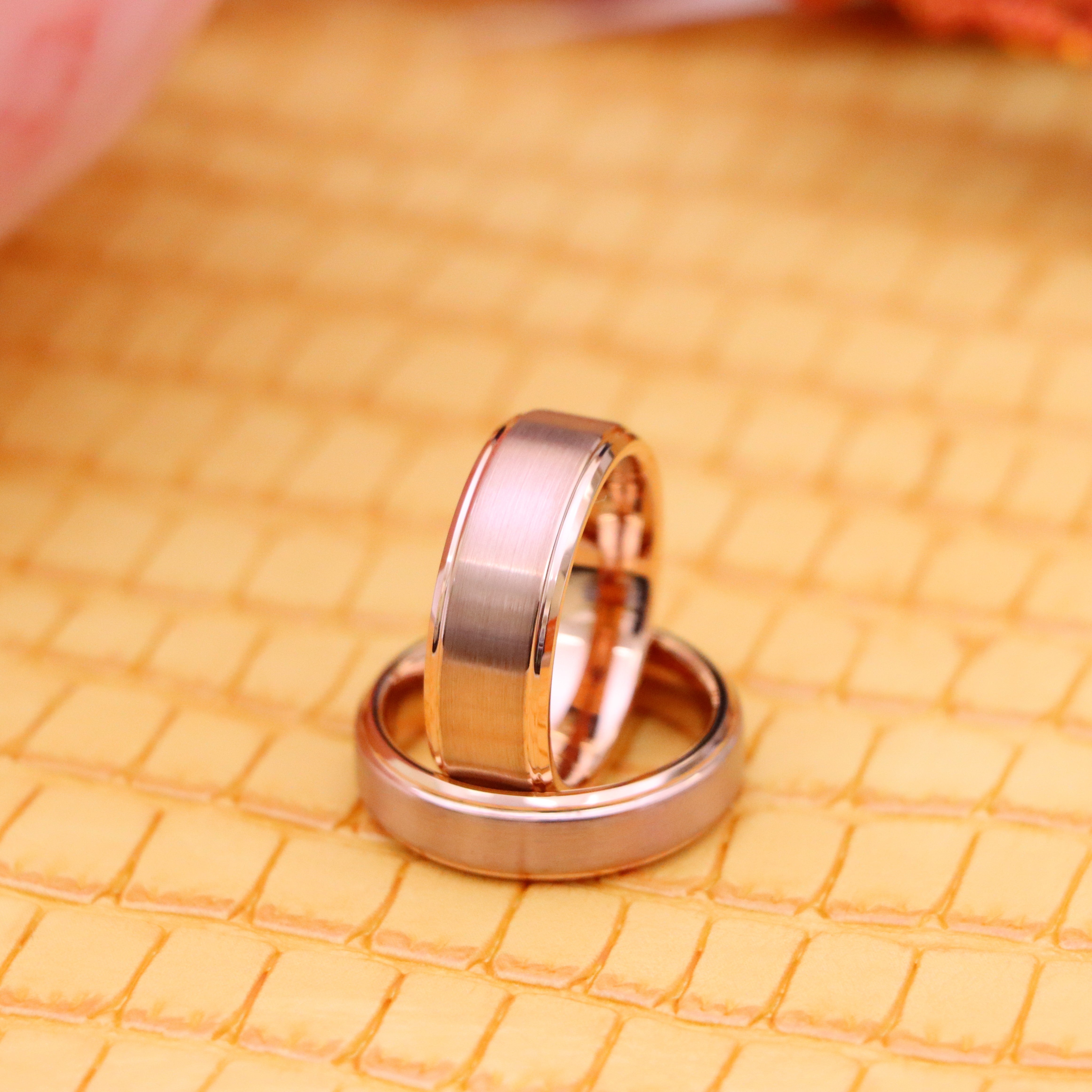 Rose Gold IP Plated Flat Brushed Center with High Polish Stepped Edge Tungsten Ring - Labhu USA