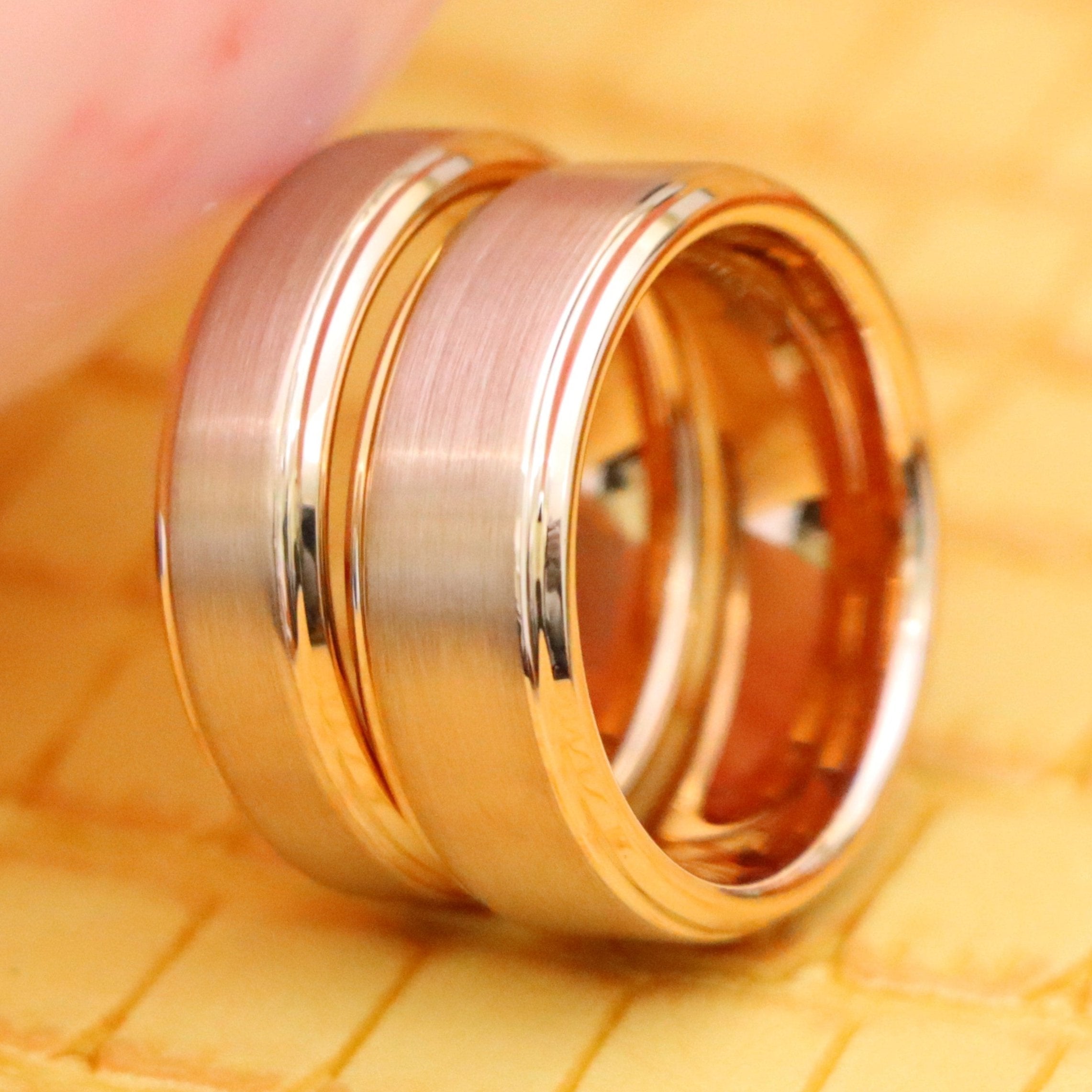Rose Gold IP Plated Flat Brushed Center with High Polish Stepped Edge Tungsten Ring - Labhu USA