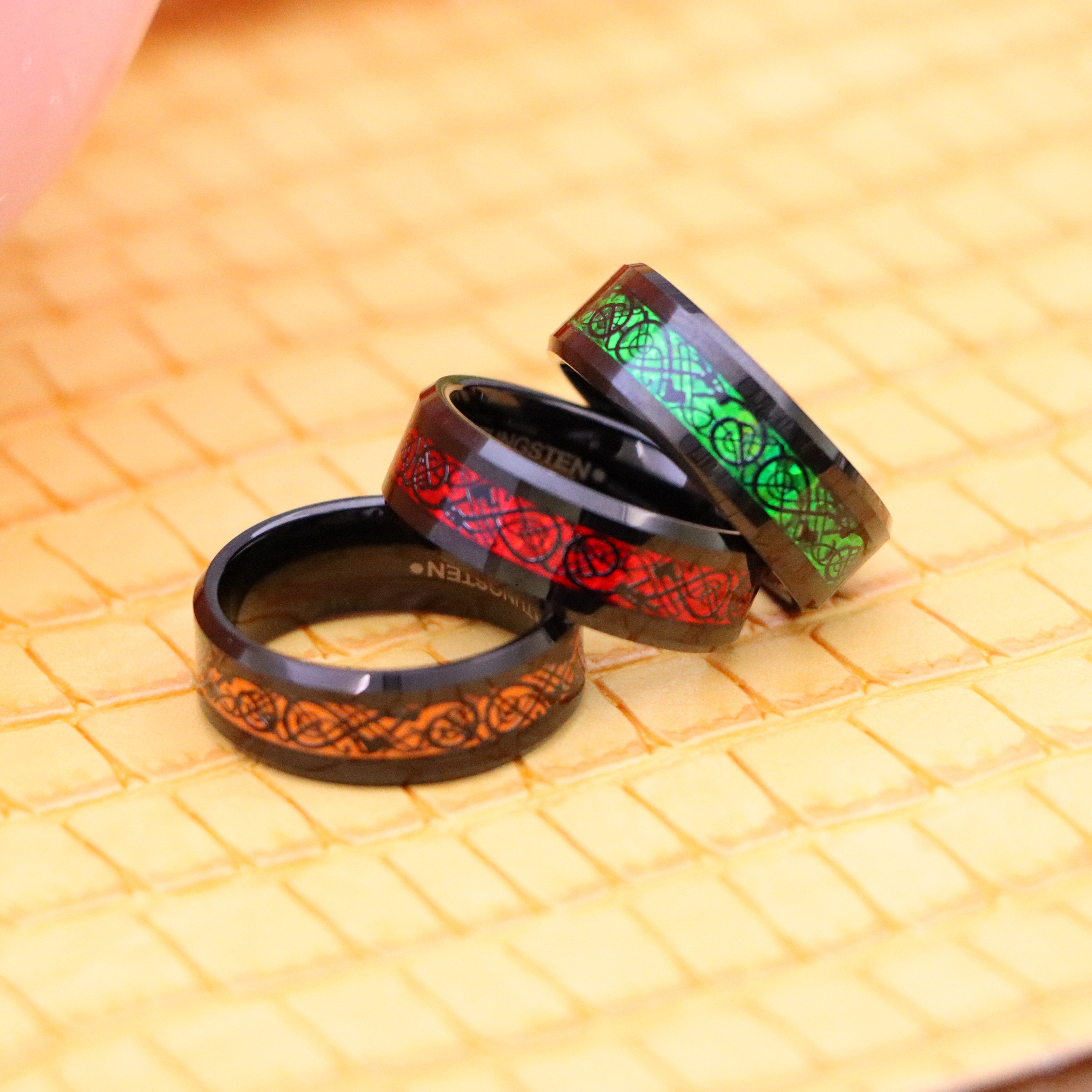8mm Black & Red, Black & Green, Black & Orange Celtic Inlay cycle of life Tungsten Ring for men and women who believe in interconnectedness - one on one spreaded view