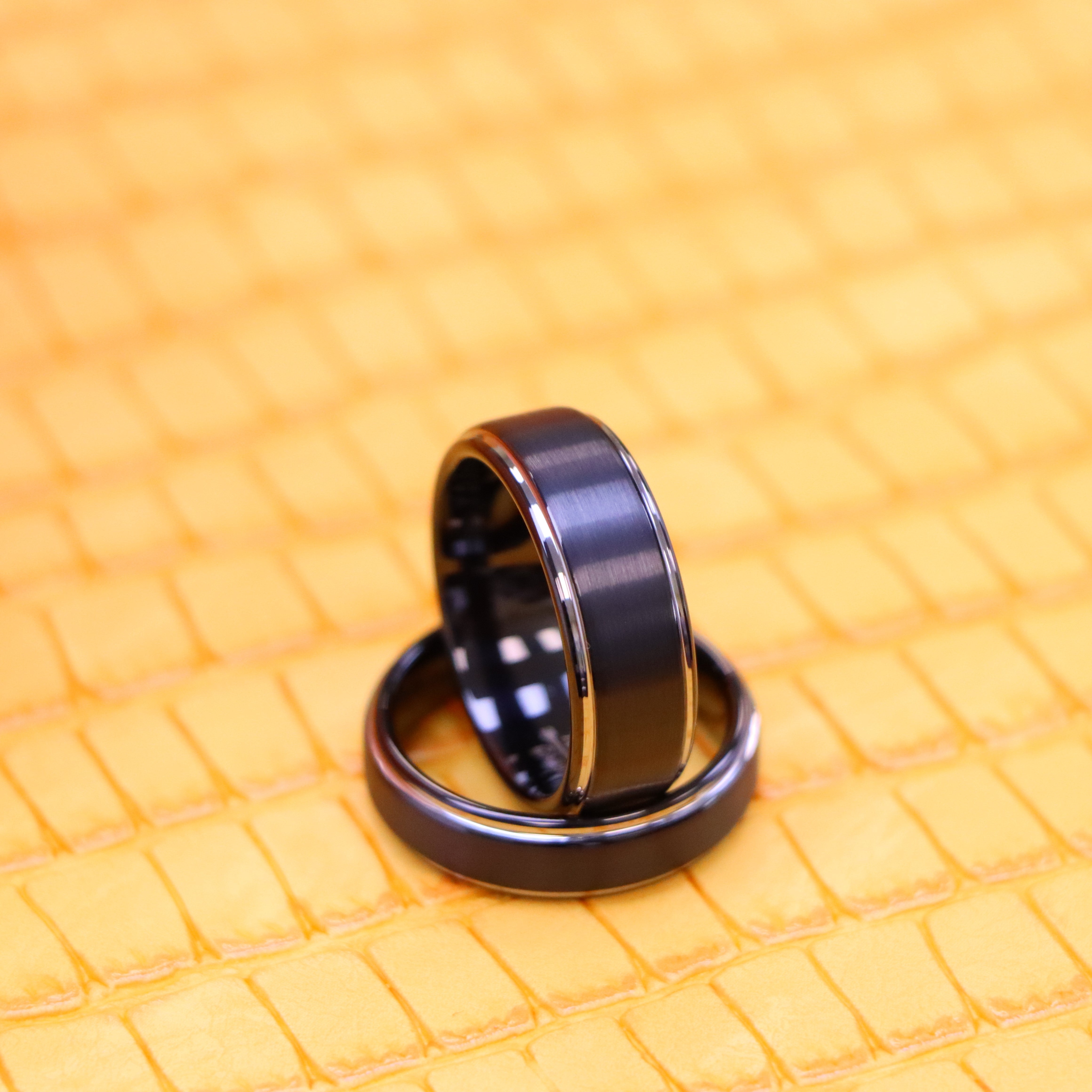 Two-Tone Black IP Brushed Center & Steel Color Stepped Edge Tungsten Ring - Labhu USA