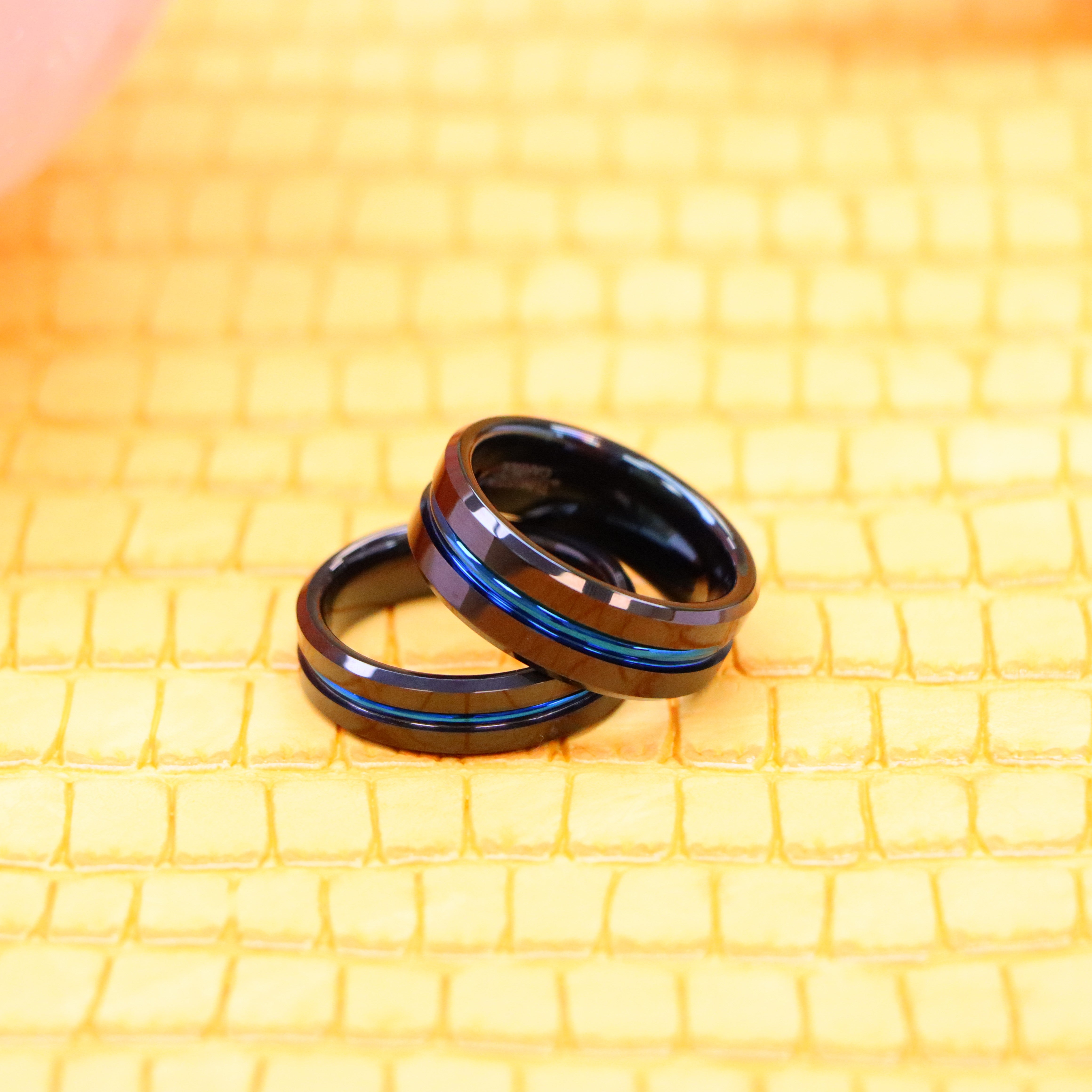 Black IP Shiny with Blue IP Plated Grooved Center Tungsten Ring - Labhu USA