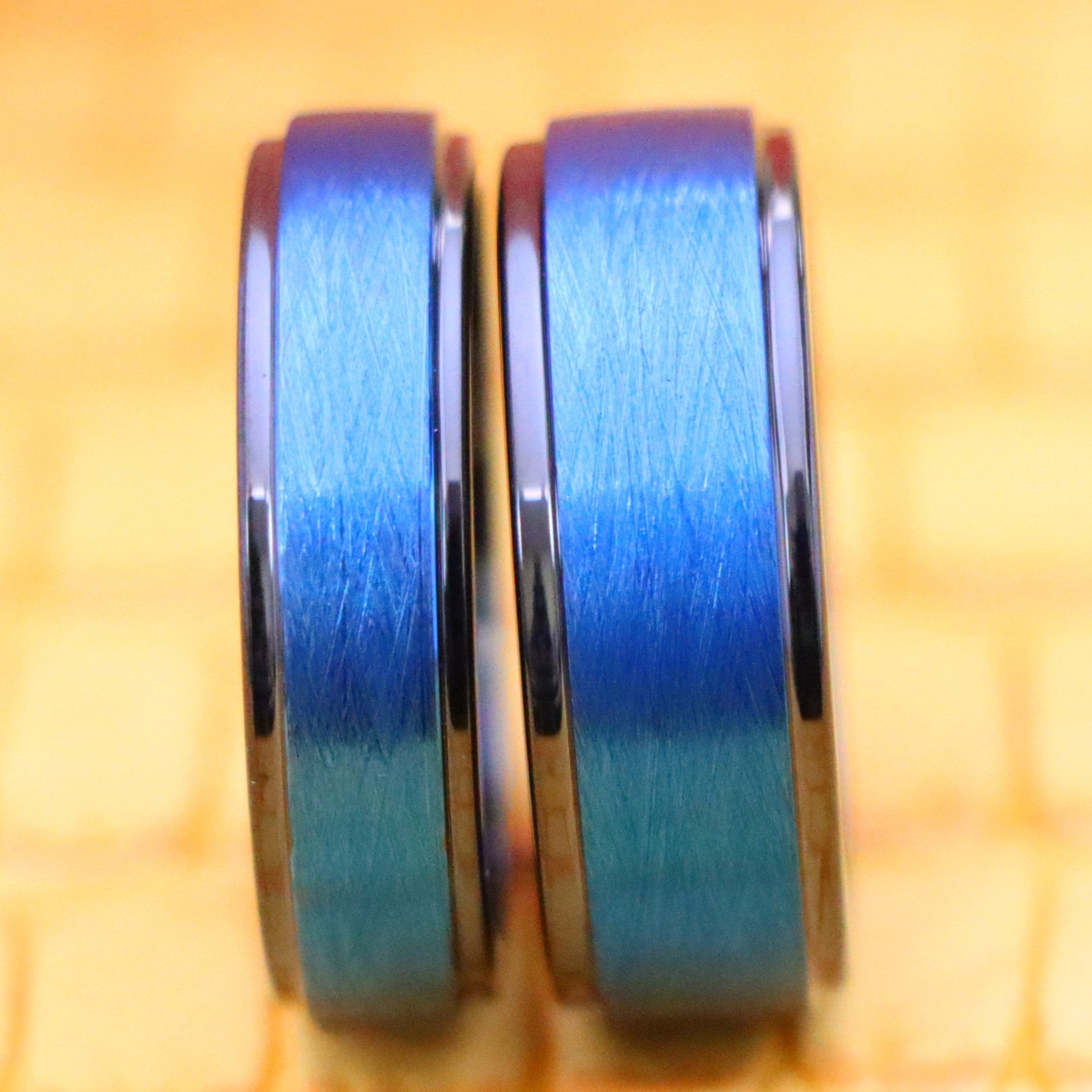 Blue Tone IP Plated Ice Finish Center High Polished Stepped Edge Tungsten Ring - Labhu USA