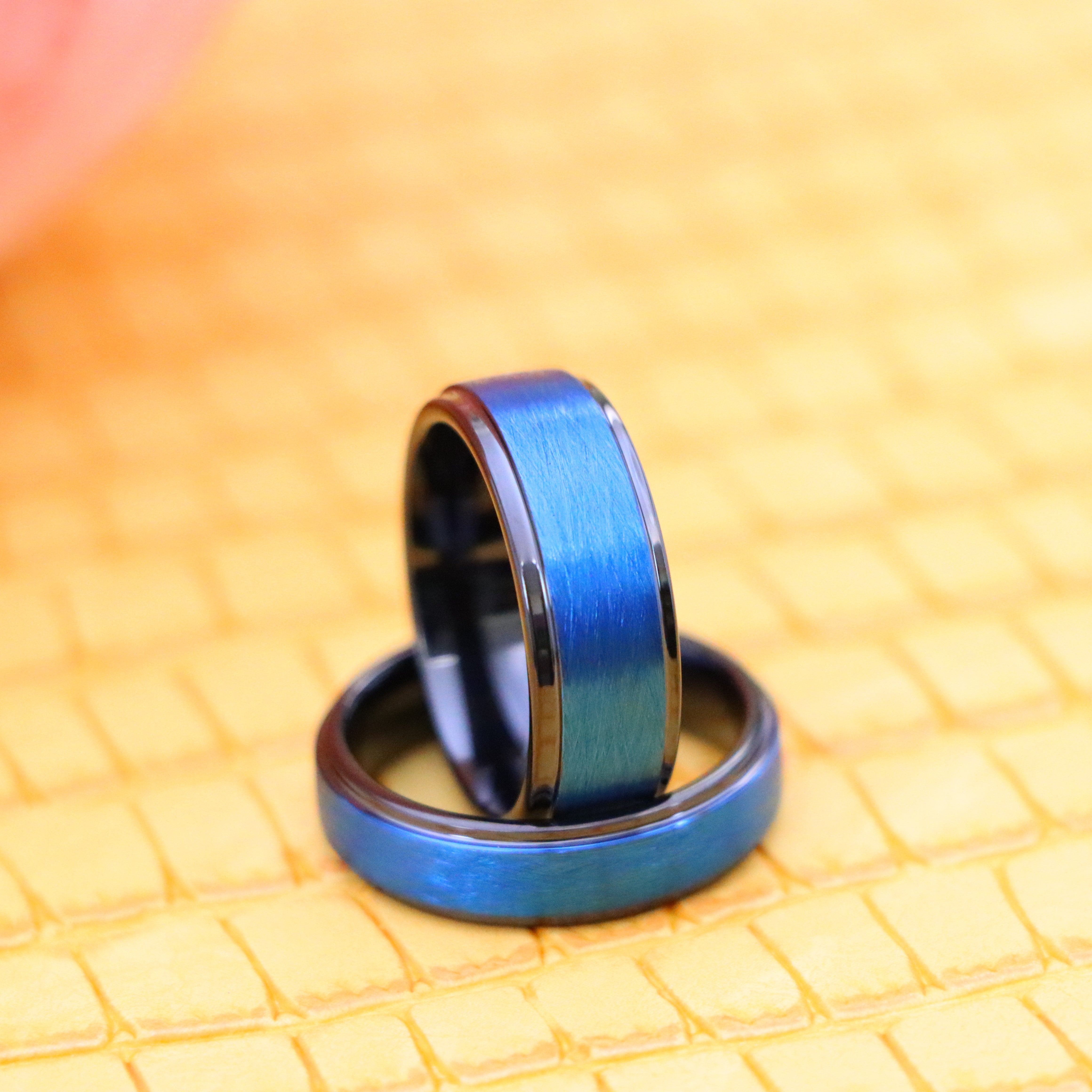 Blue Tone IP Plated Ice Finish Center High Polished Stepped Edge Tungsten Ring - Labhu USA