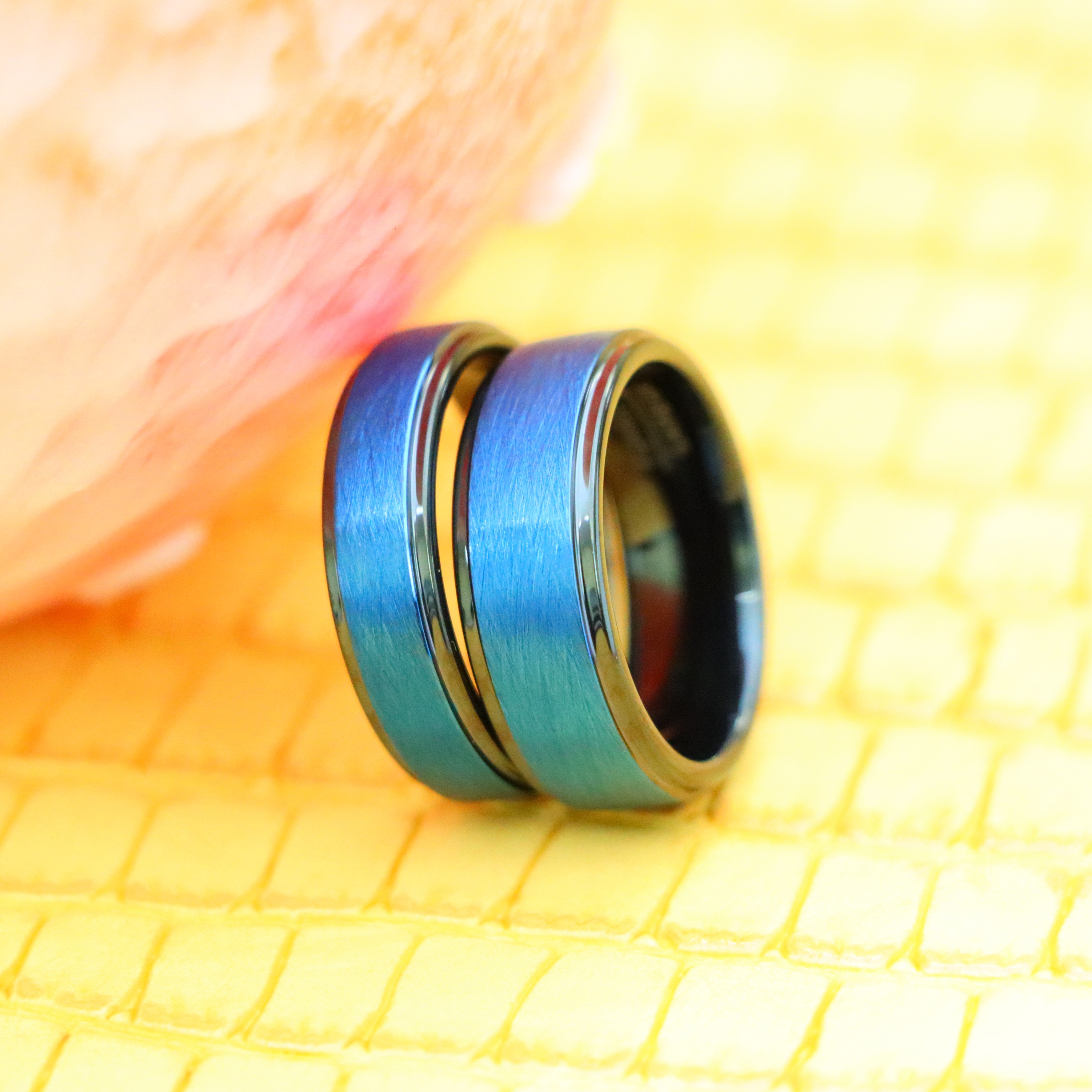 Blue Tone IP Plated Ice Finish Center High Polished Stepped Edge Tungsten Ring - Labhu USA