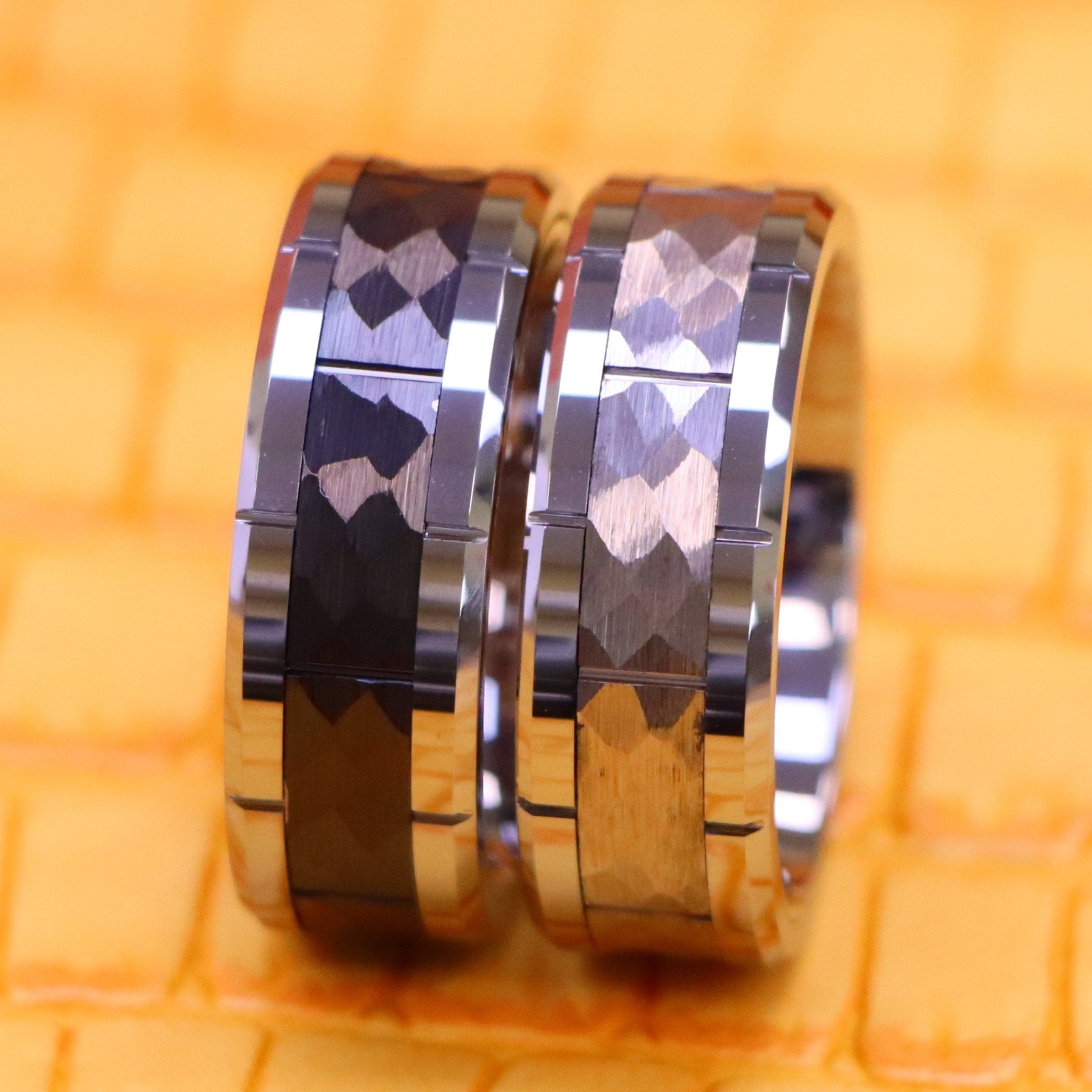 8mm High Polished Beveled Edge with Notches & Black IP Plated Hammered Finish Tungsten Ring - Labhu USA
