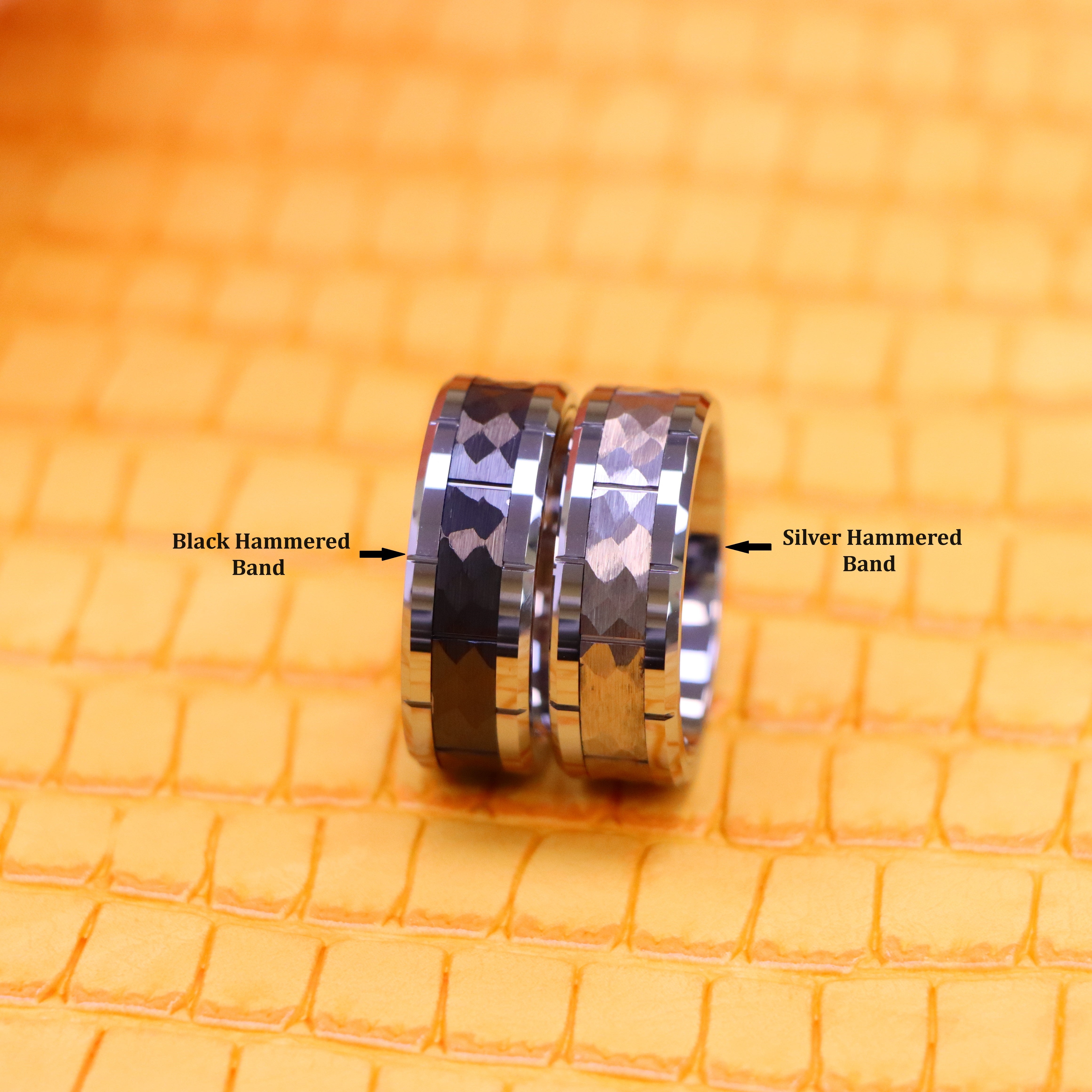8mm High Polished Beveled Edge with Notches & Black IP Plated Hammered Finish Tungsten Ring - Labhu USA