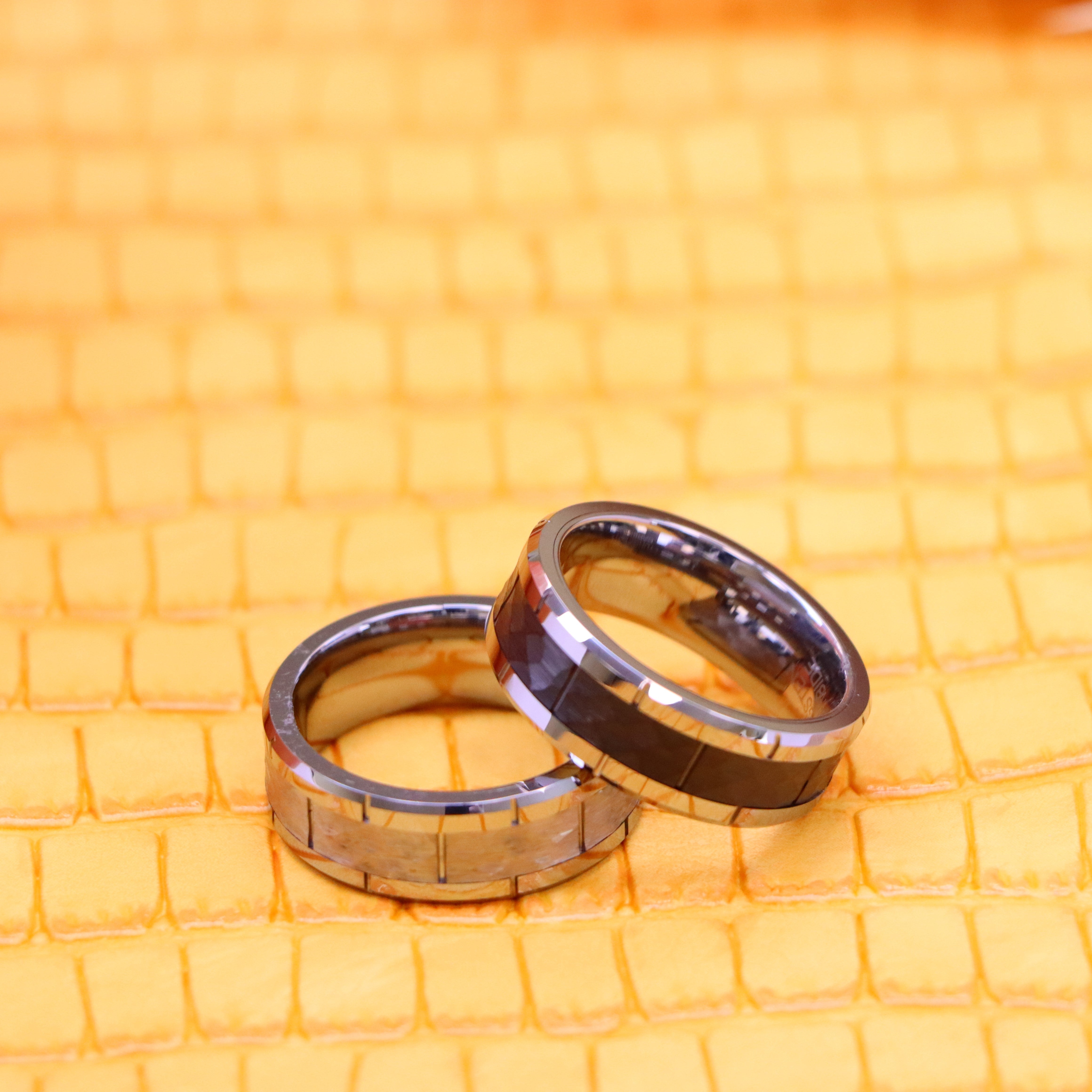 8mm High Polished Beveled Edge with Notches & Black IP Plated Hammered Finish Tungsten Ring - Labhu USA