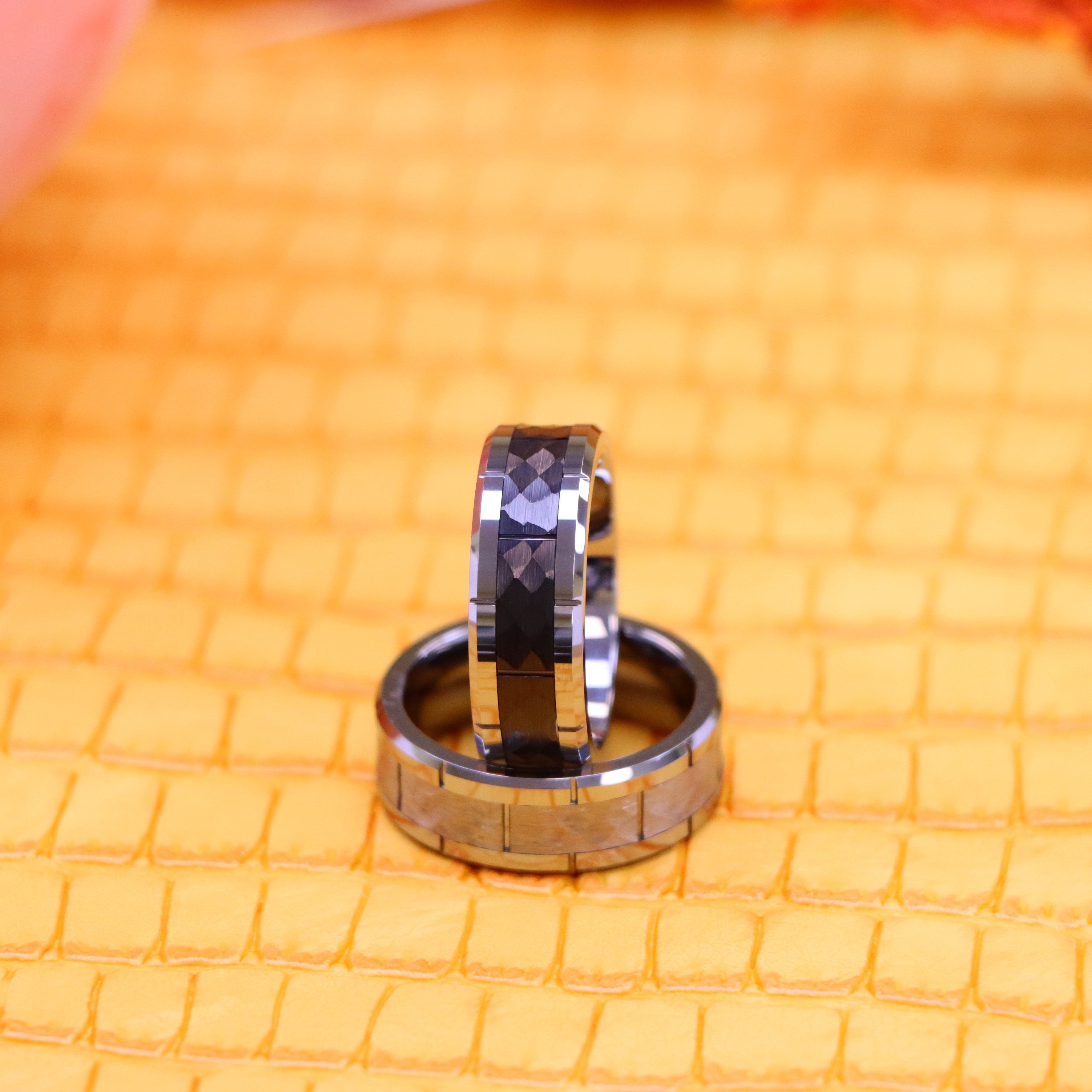 8mm High Polished Beveled Edge with Notches & Black IP Plated Hammered Finish Tungsten Ring - Labhu USA