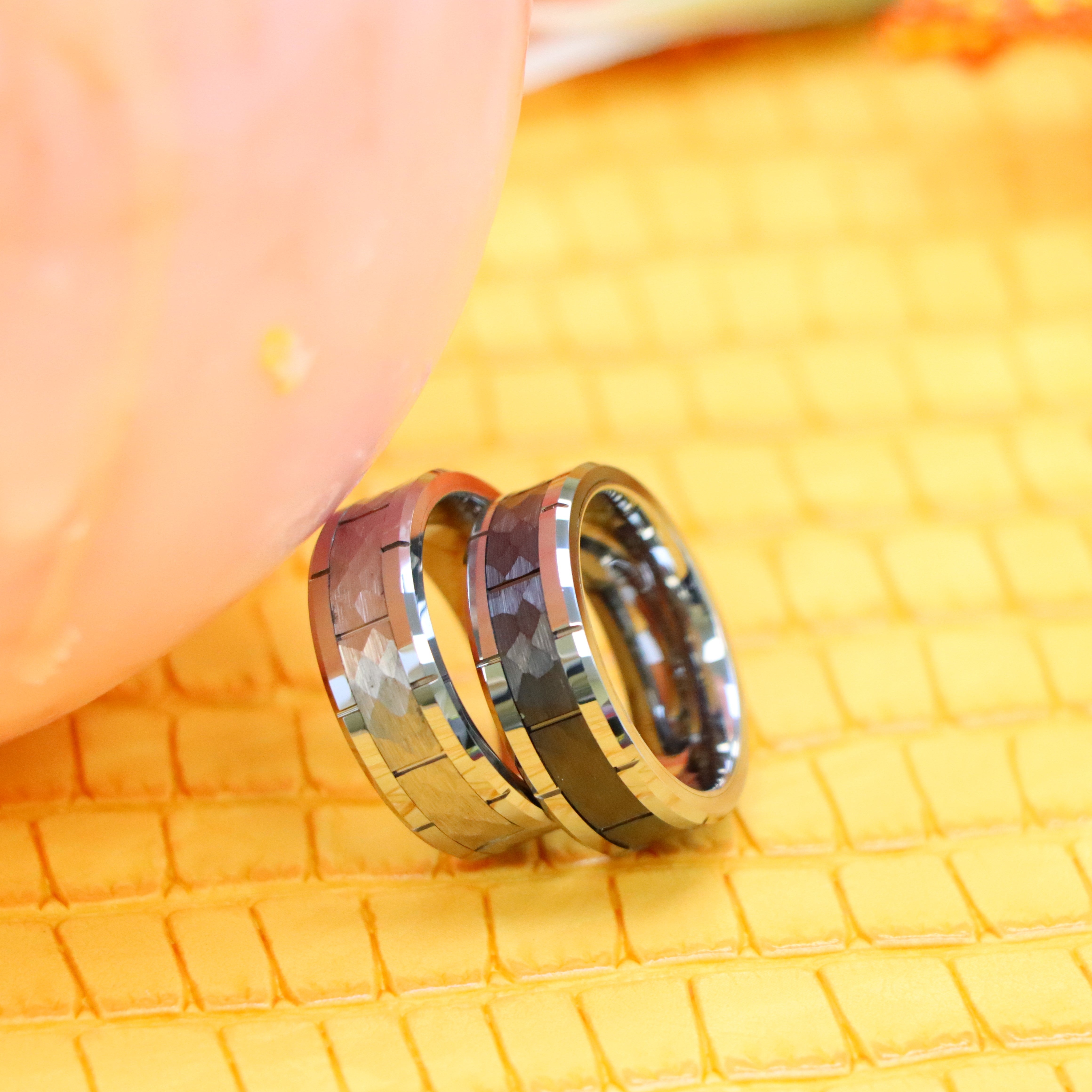 8mm High Polished Beveled Edge with Notches & Black IP Plated Hammered Finish Tungsten Ring - Labhu USA