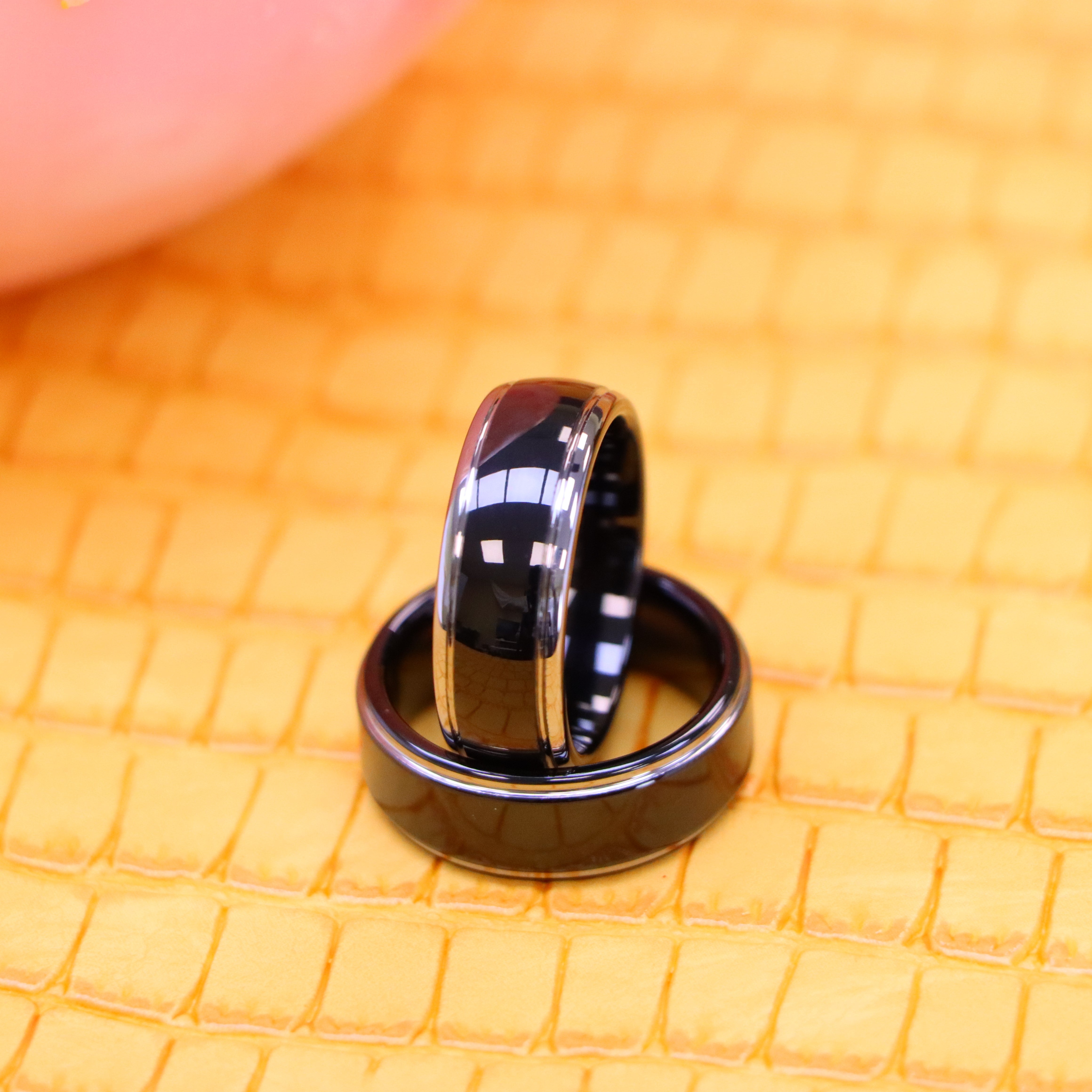 8mm High Polish Black IP Plated Stepped Edge/Rounded Edge Tungsten Ring - Labhu USA