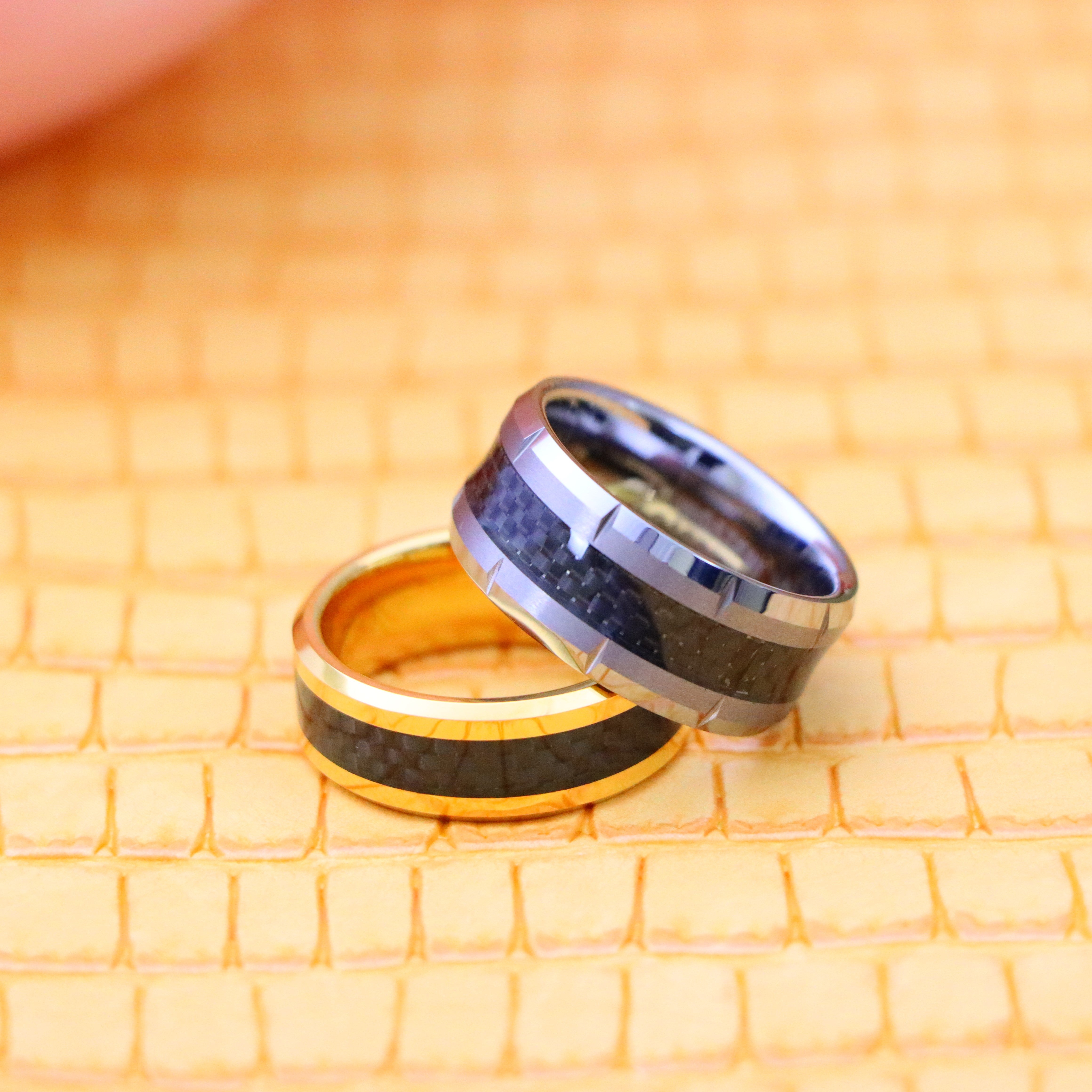 Yellow Gold/Silver Plated High Polish with Black Carbon Fiber Inlay Beveled Edge Tungsten Ring - Labhu USA