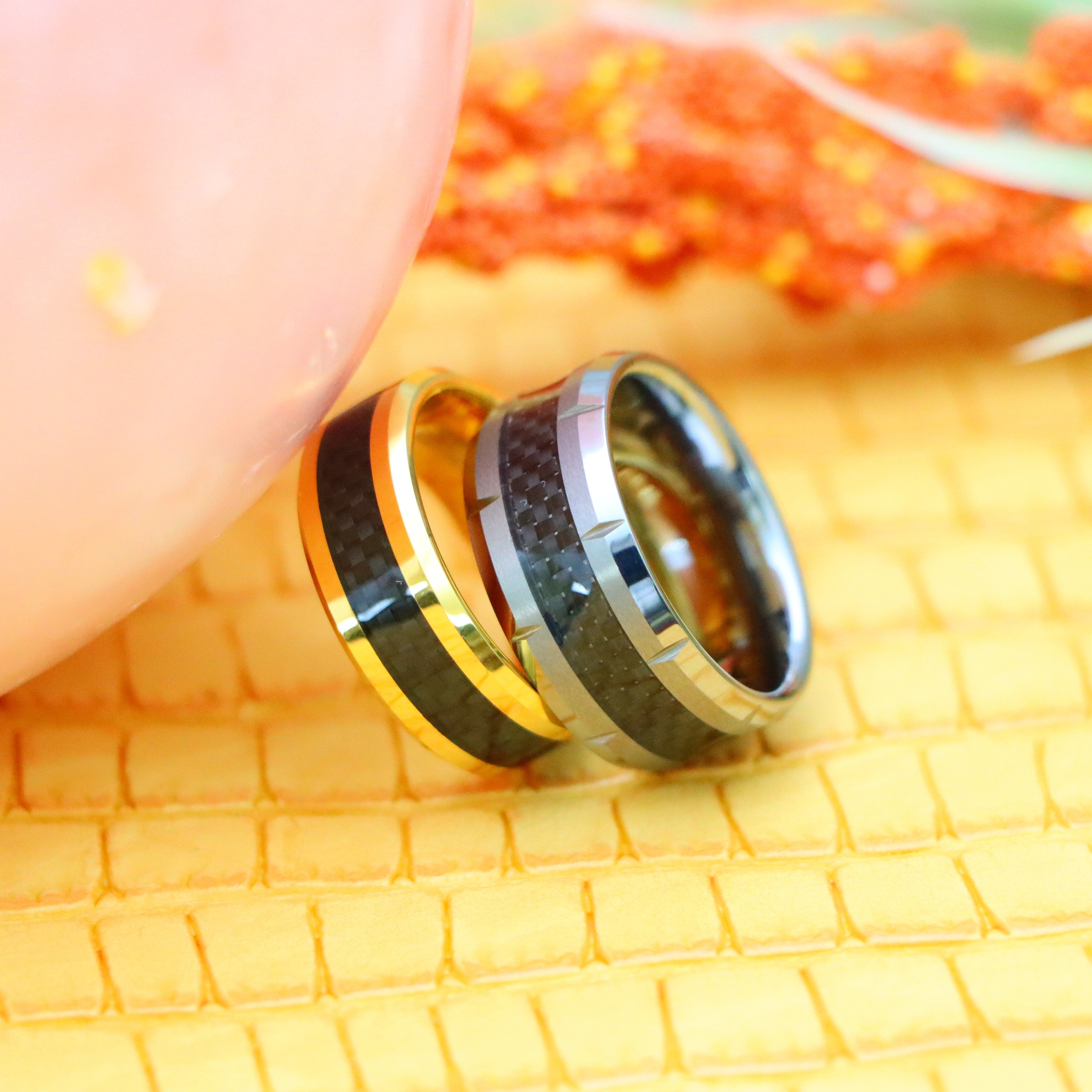 Yellow Gold/Silver Plated High Polish with Black Carbon Fiber Inlay Beveled Edge Tungsten Ring - Labhu USA